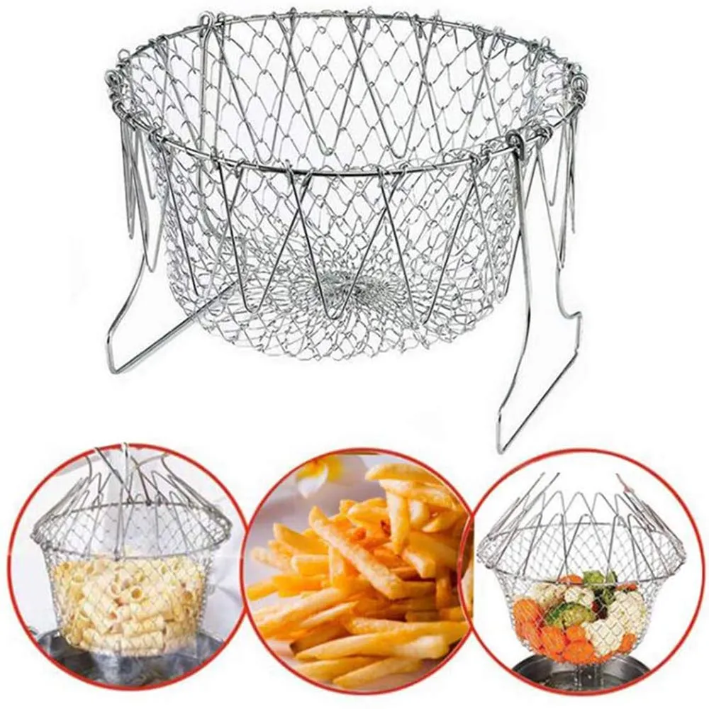 Stainless Steel Net Fry Foldable Cooking Fryer Basket for Fries, Vegetables, Salads