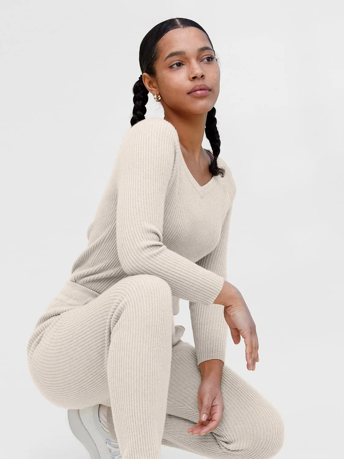 State Cashmere Women’s Loungewear Set 100% Pure Cashmere Ribbed Sweater and Jogger Pants (Tops and Bottoms Sold Separately)