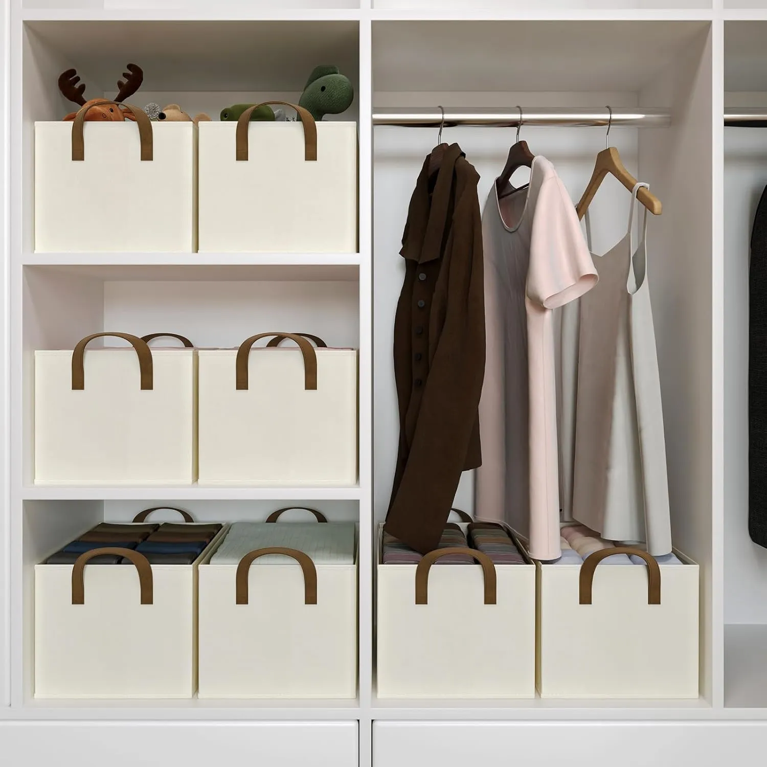 Storage Bins for Shelves, 3-Pack Storage Baskets for Closet, Large Linen Organizers and Storage Bins for Bedroom, Collapsible Baskets and Bins with Handles, Beige