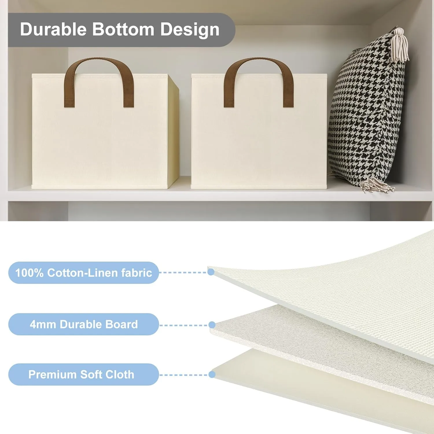 Storage Bins for Shelves, 3-Pack Storage Baskets for Closet, Large Linen Organizers and Storage Bins for Bedroom, Collapsible Baskets and Bins with Handles, Beige