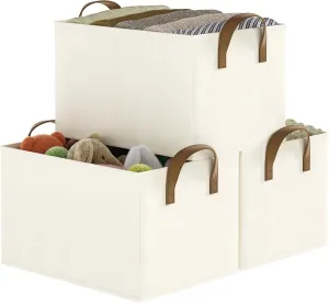 Storage Bins for Shelves, 3-Pack Storage Baskets for Closet, Large Linen Organizers and Storage Bins for Bedroom, Collapsible Baskets and Bins with Handles, Beige