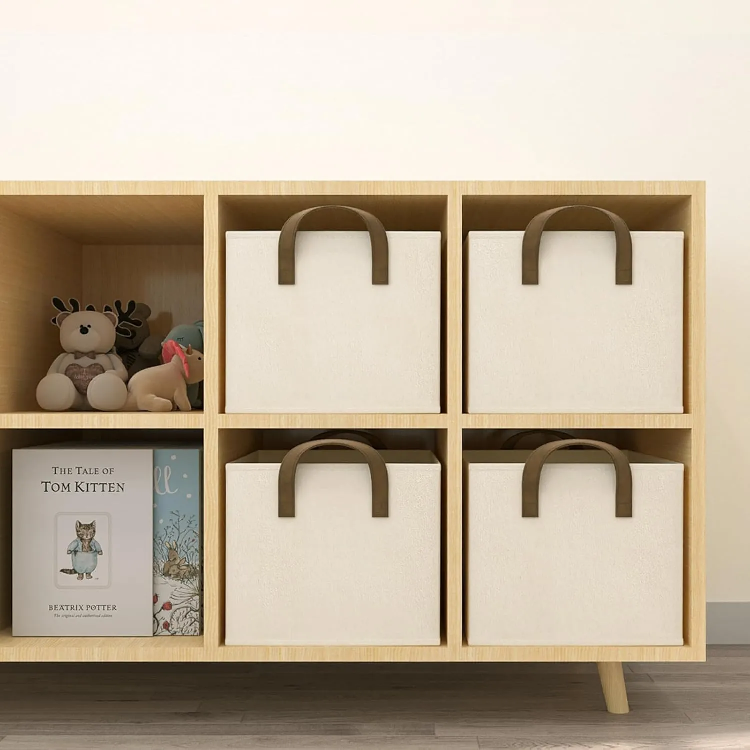 Storage Bins for Shelves, 3-Pack Storage Baskets for Closet, Large Linen Organizers and Storage Bins for Bedroom, Collapsible Baskets and Bins with Handles, Beige