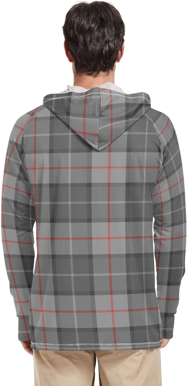 Sun Protection Hoodies Long Sleeve Tartan Diagonal UPF 50 Mens Sun Shirt Sun Proof Shirts Hooded UV Rashguard for