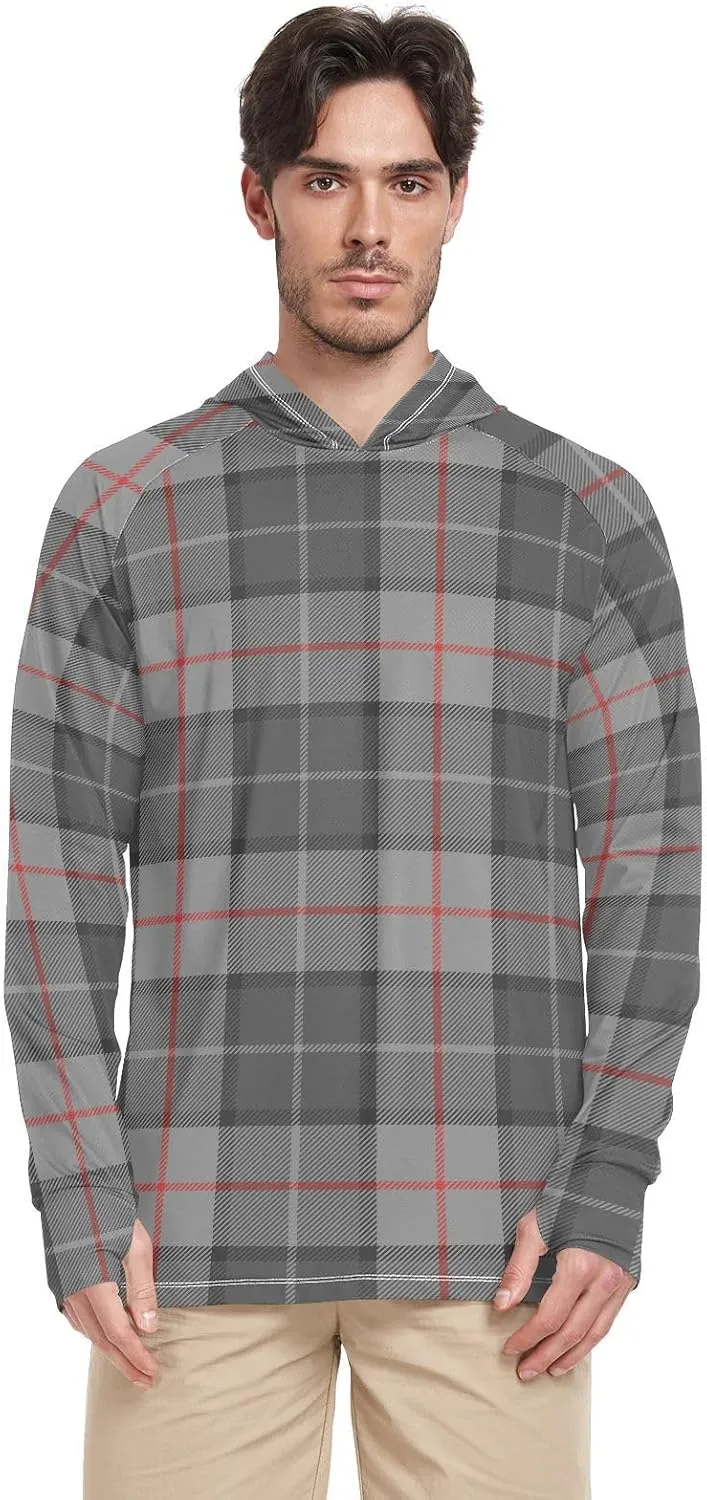 Sun Protection Hoodies Long Sleeve Tartan Diagonal UPF 50 Mens Sun Shirt Sun Proof Shirts Hooded UV Rashguard for