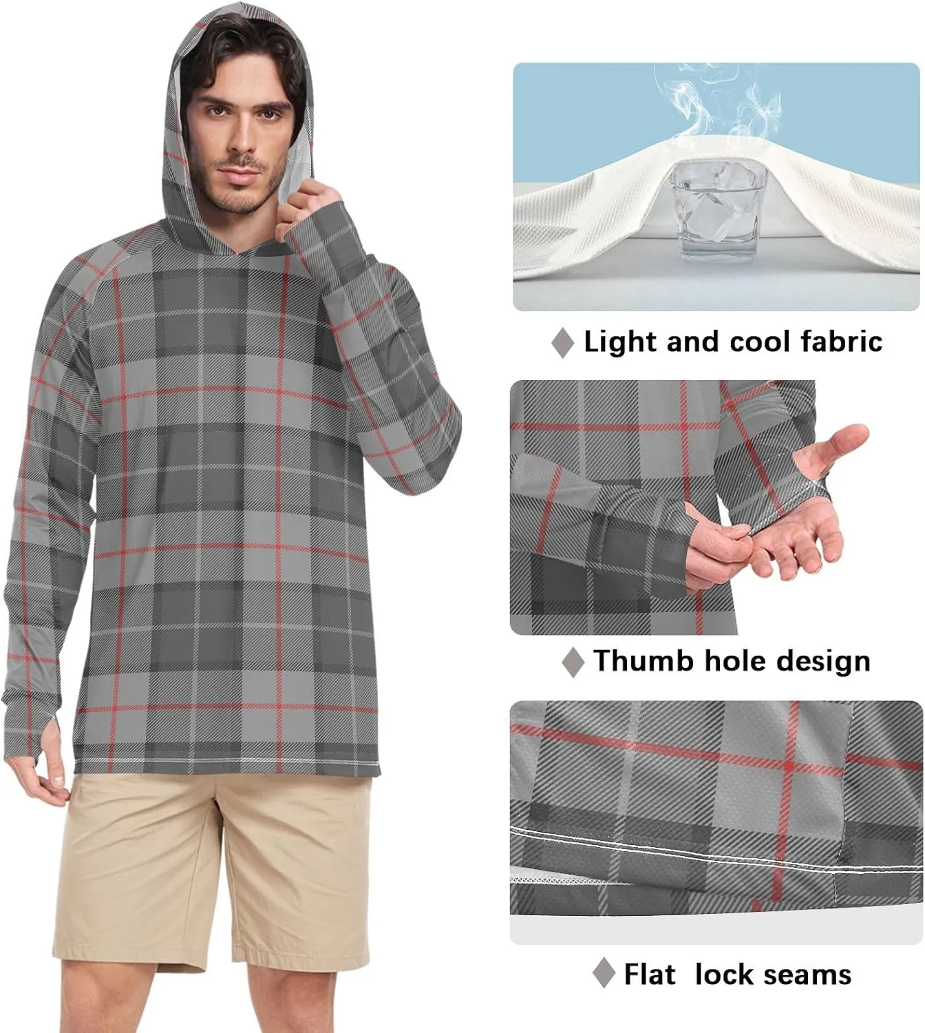 Sun Protection Hoodies Long Sleeve Tartan Diagonal UPF 50 Mens Sun Shirt Sun Proof Shirts Hooded UV Rashguard for