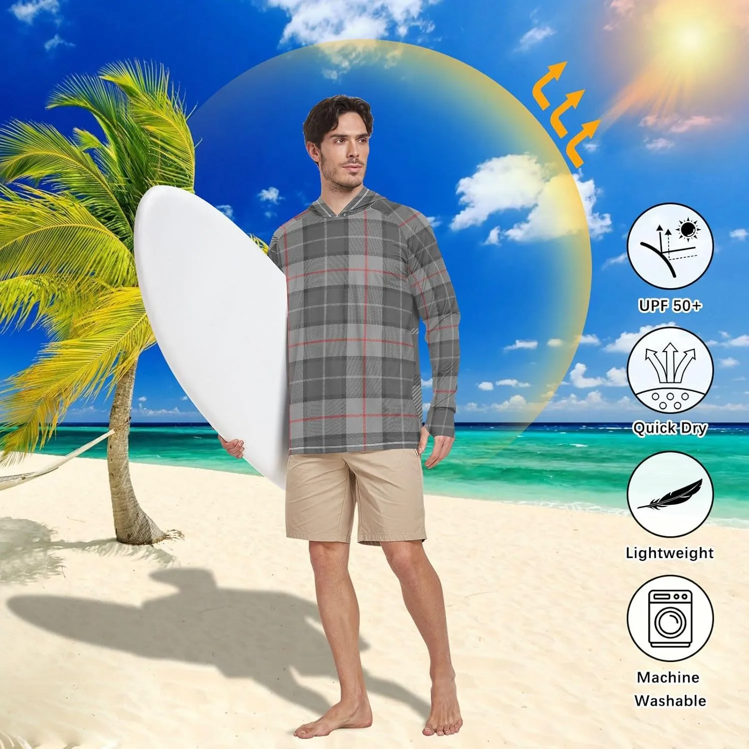Sun Protection Hoodies Long Sleeve Tartan Diagonal UPF 50 Mens Sun Shirt Sun Proof Shirts Hooded UV Rashguard for