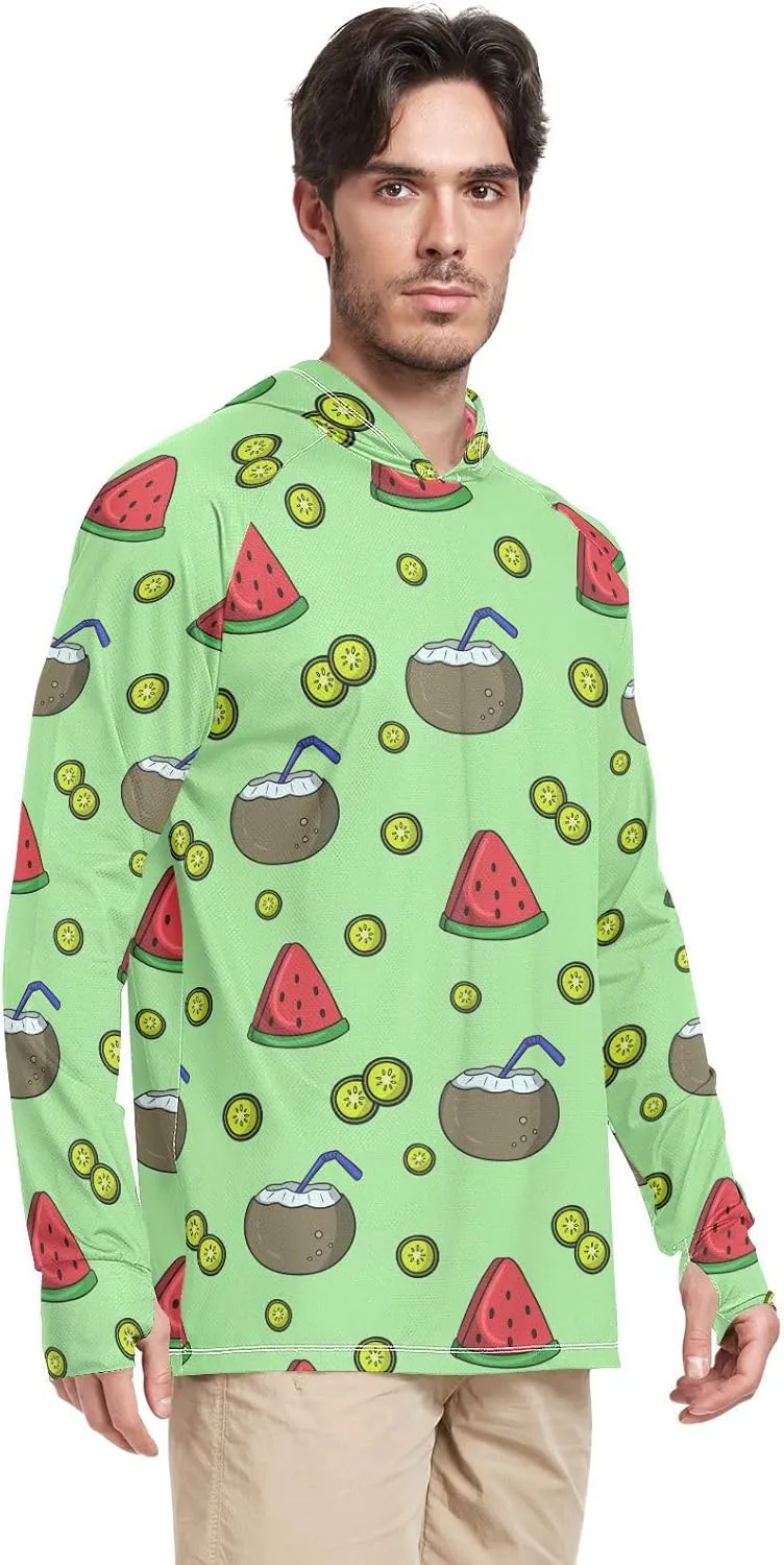 Sun Shirt Hoodie for Men Long Sleeve Green Fruits Slice UPF 50   Mens Sun Shirts Adult Rash Guards UV Rash Guard with
