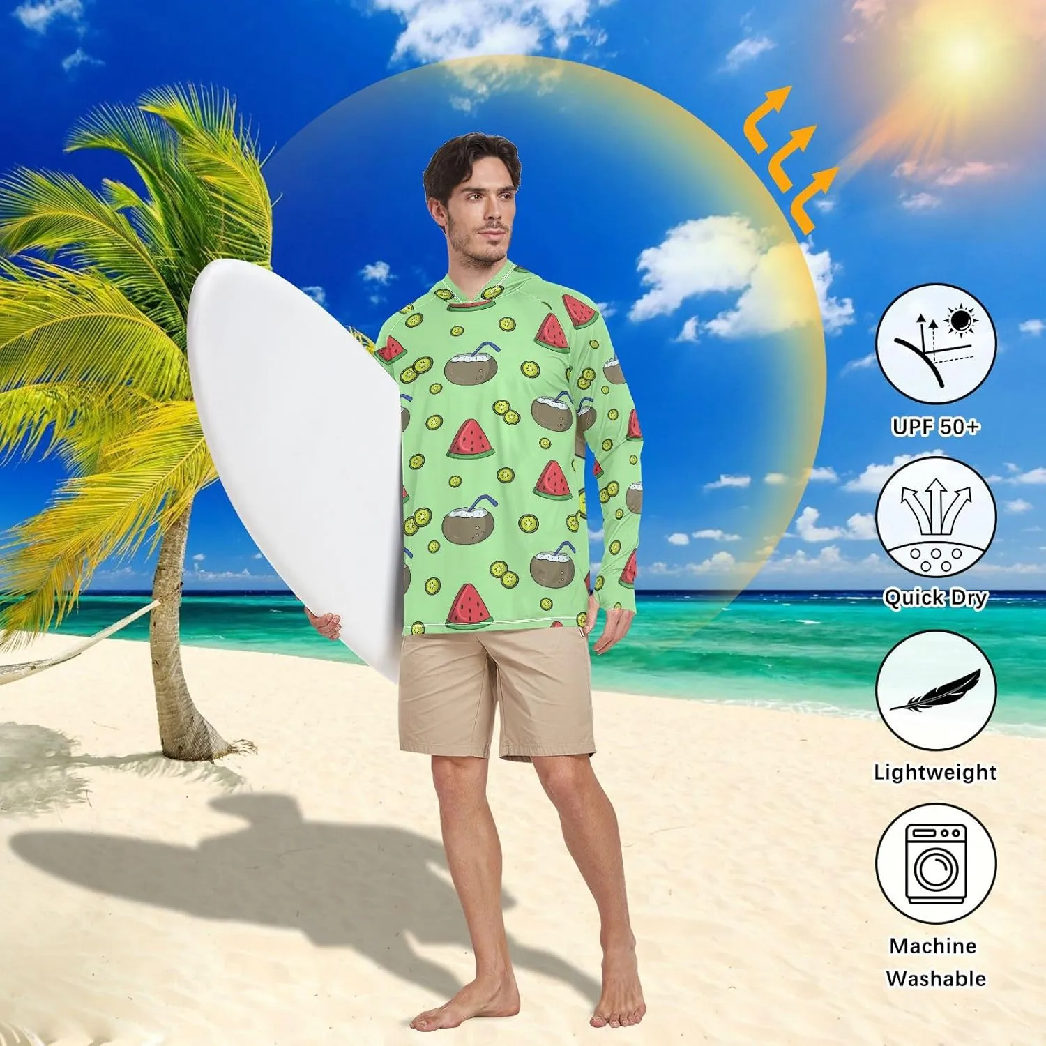 Sun Shirt Hoodie for Men Long Sleeve Green Fruits Slice UPF 50   Mens Sun Shirts Adult Rash Guards UV Rash Guard with