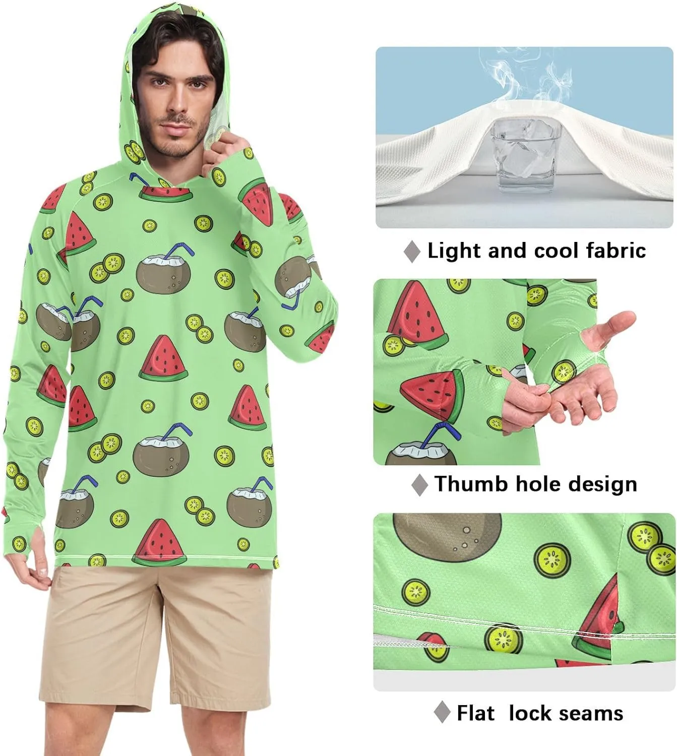 Sun Shirt Hoodie for Men Long Sleeve Green Fruits Slice UPF 50   Mens Sun Shirts Adult Rash Guards UV Rash Guard with