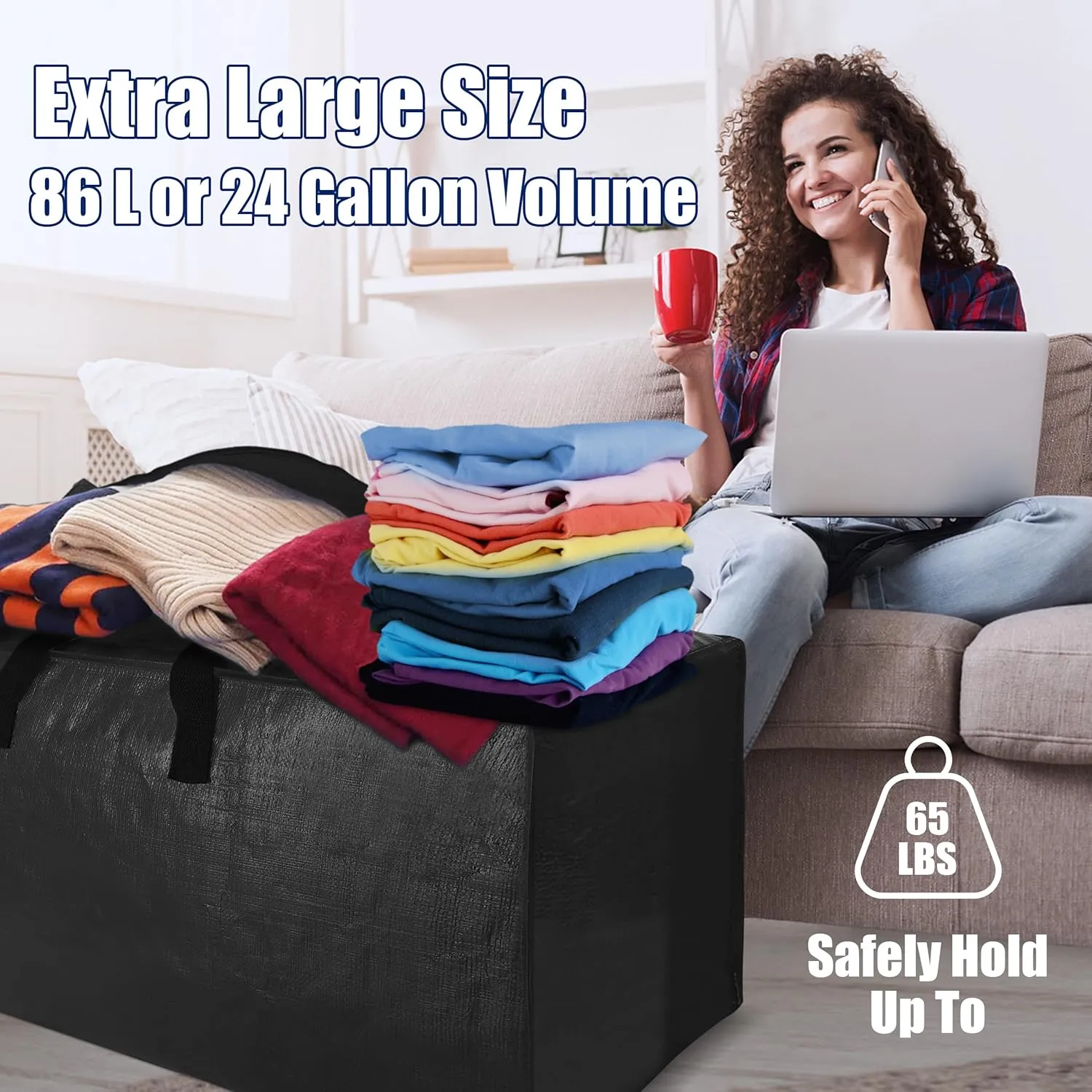 SWEET DOLPHIN 12 Pack Extra Large Moving Bags with Strong Zippers & Carrying Handles, Heavy Duty Storage Tote for Space Saving Moving Storage, Fold Flat, Alternative to Moving Box, Black