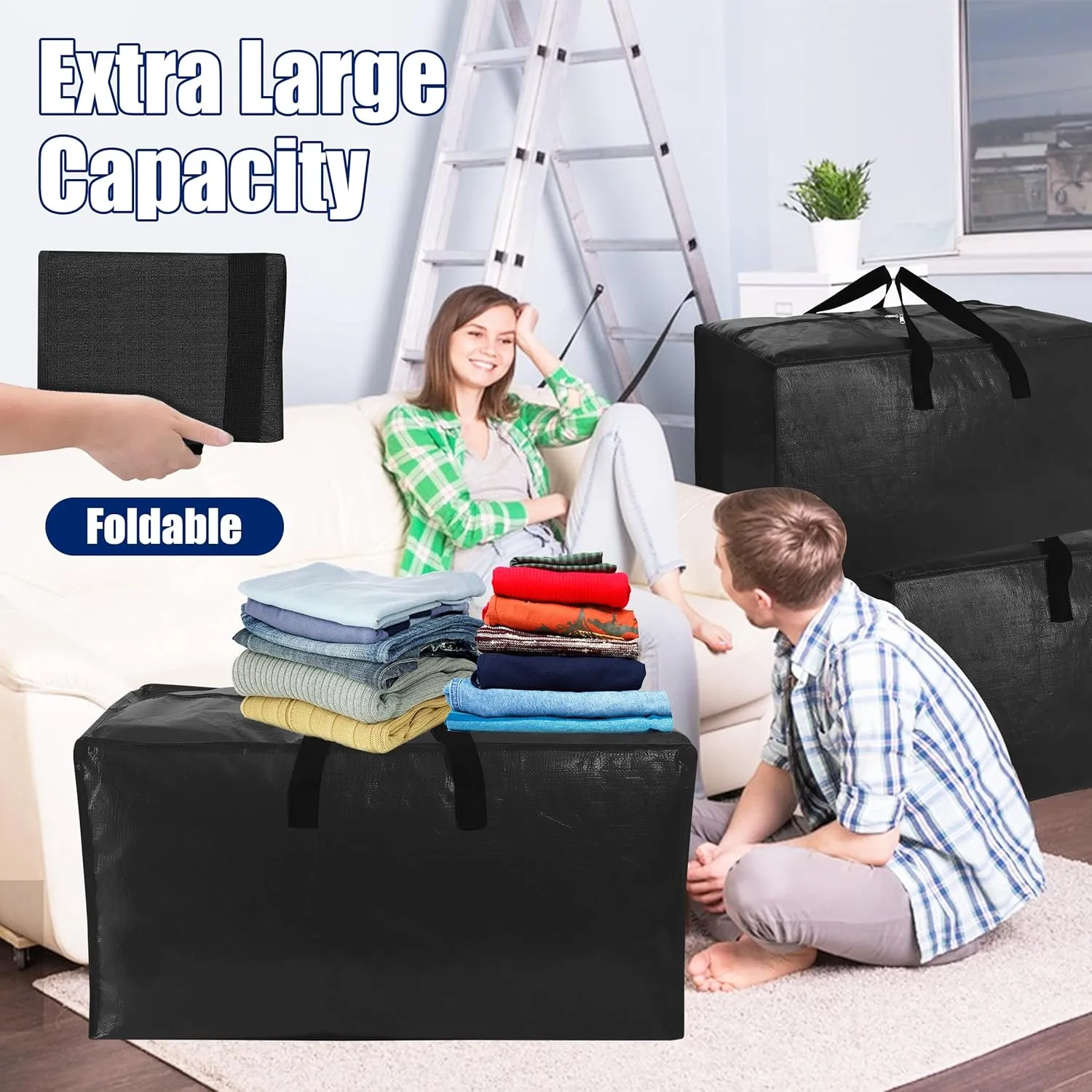 SWEET DOLPHIN 12 Pack Extra Large Moving Bags with Strong Zippers & Carrying Handles, Heavy Duty Storage Tote for Space Saving Moving Storage, Fold Flat, Alternative to Moving Box, Black