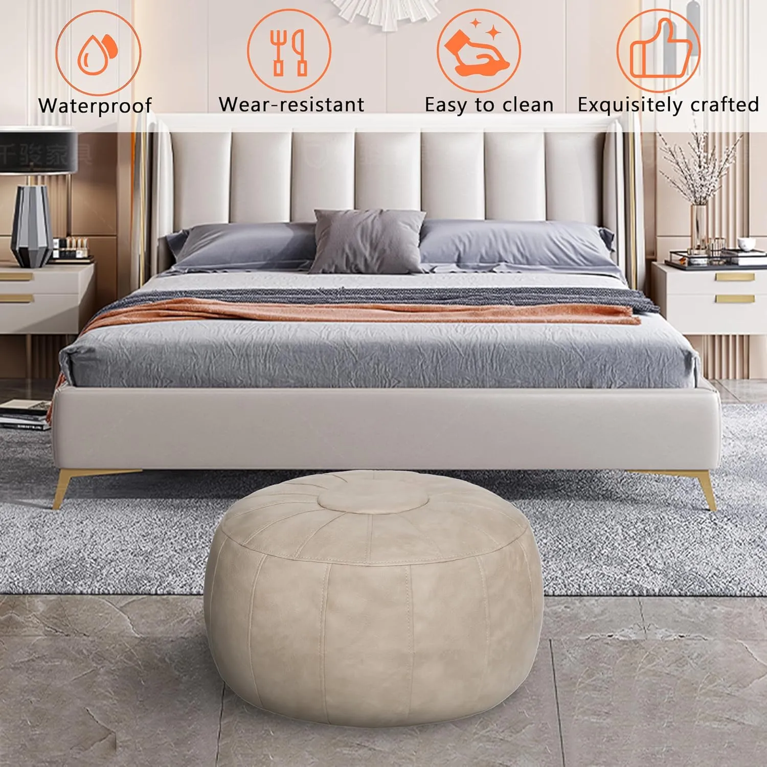 Thgonwid Unstuffed Moroccan Storage Pouf Foot Stool Ottoman Seat Handmade Faux Leather Bean Bag Floor Chair Foot Rest for Living Room, Bedroom or Balcony (Mushroom)
