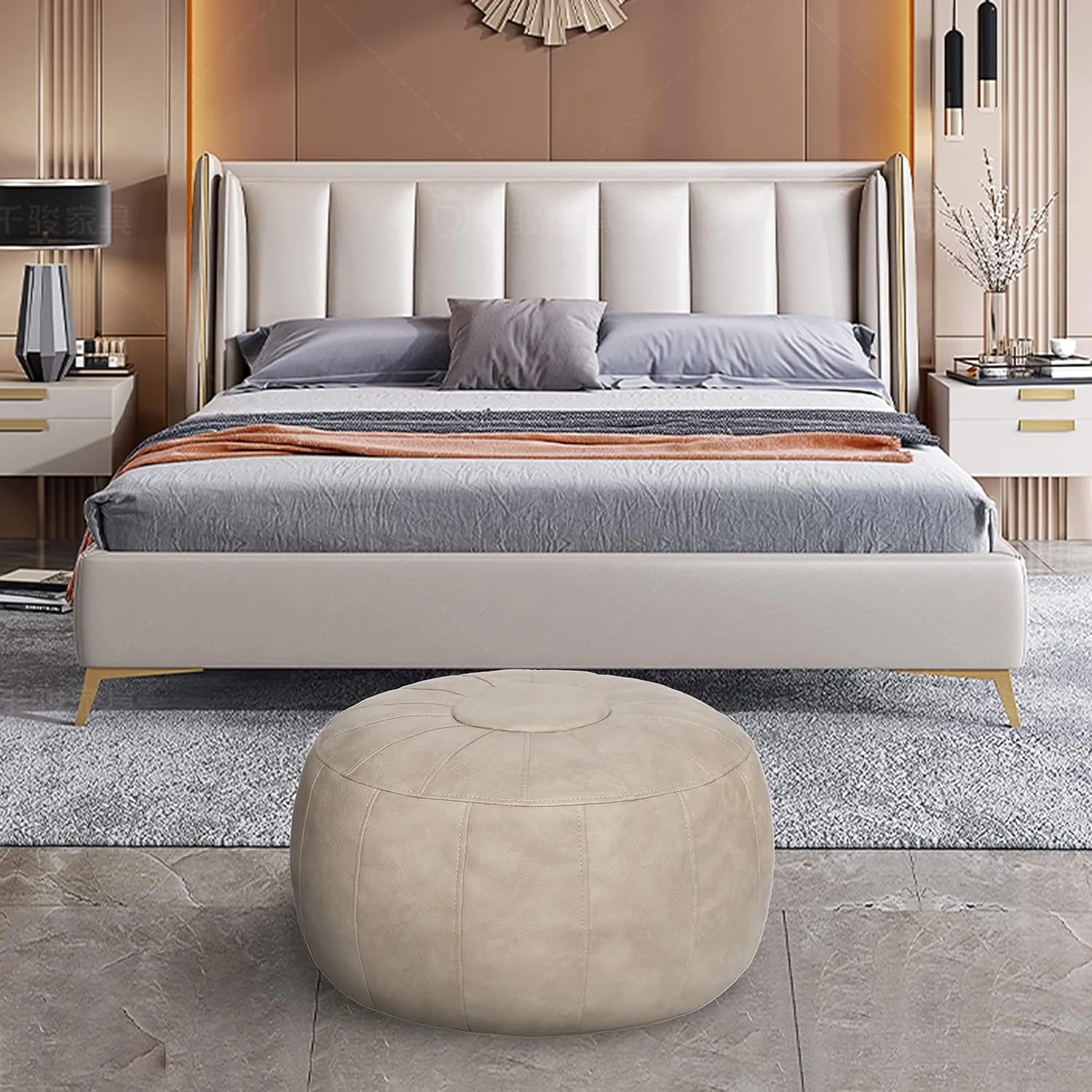 Thgonwid Unstuffed Moroccan Storage Pouf Foot Stool Ottoman Seat Handmade Faux Leather Bean Bag Floor Chair Foot Rest for Living Room, Bedroom or Balcony (Mushroom)