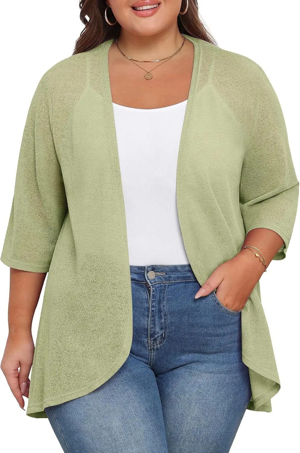 TIANZHU Women's Summer Plus Size Cardigan 3/4 Sleeve Blazer Knit Lightweight Cover Up XL-4XL