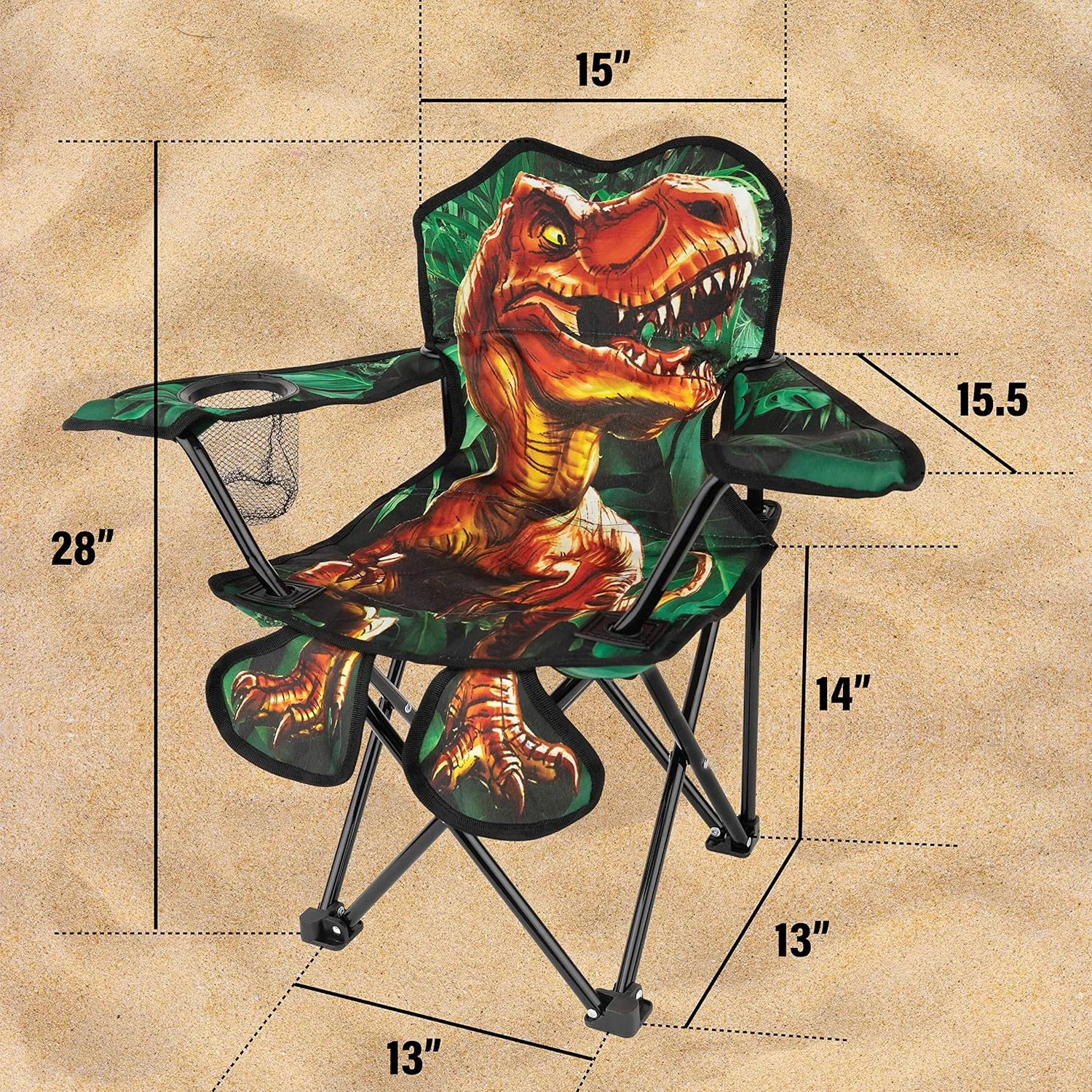 Toy To Enjoy Outdoor Dinosaur Kids Camping Chair – Foldable Children’s Chair for Camping, Tailgates, Beach, – Carrying Bag Included Mesh Cup Holder & Sturdy Construction. Ages 5 to 10 (Patent Pending)