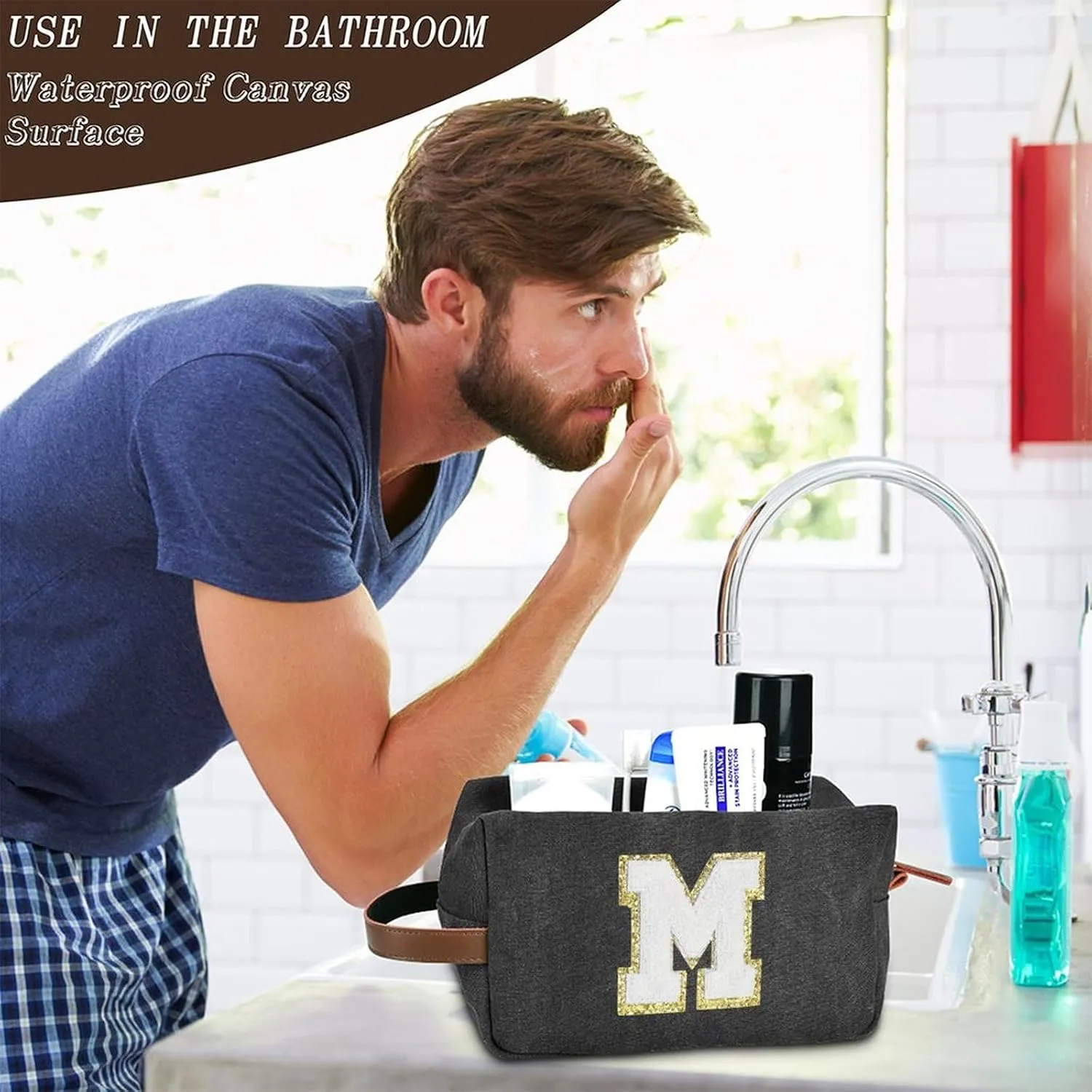 Travel Toiletry Bag for Men Initials - Graduation Gifts for Him, Personalized Shaving Kit Bag Hanging Dopp Kit - Travel Essentials, Bathroom Shower Bag for Toiletries Accessories Gifts for Men - M