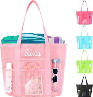 Ulico Personalized Beach Bag Embroidered Name,Custom Mesh Tote Bag for Women, Foldable Shoulder Bag for Swimming Pools Travel