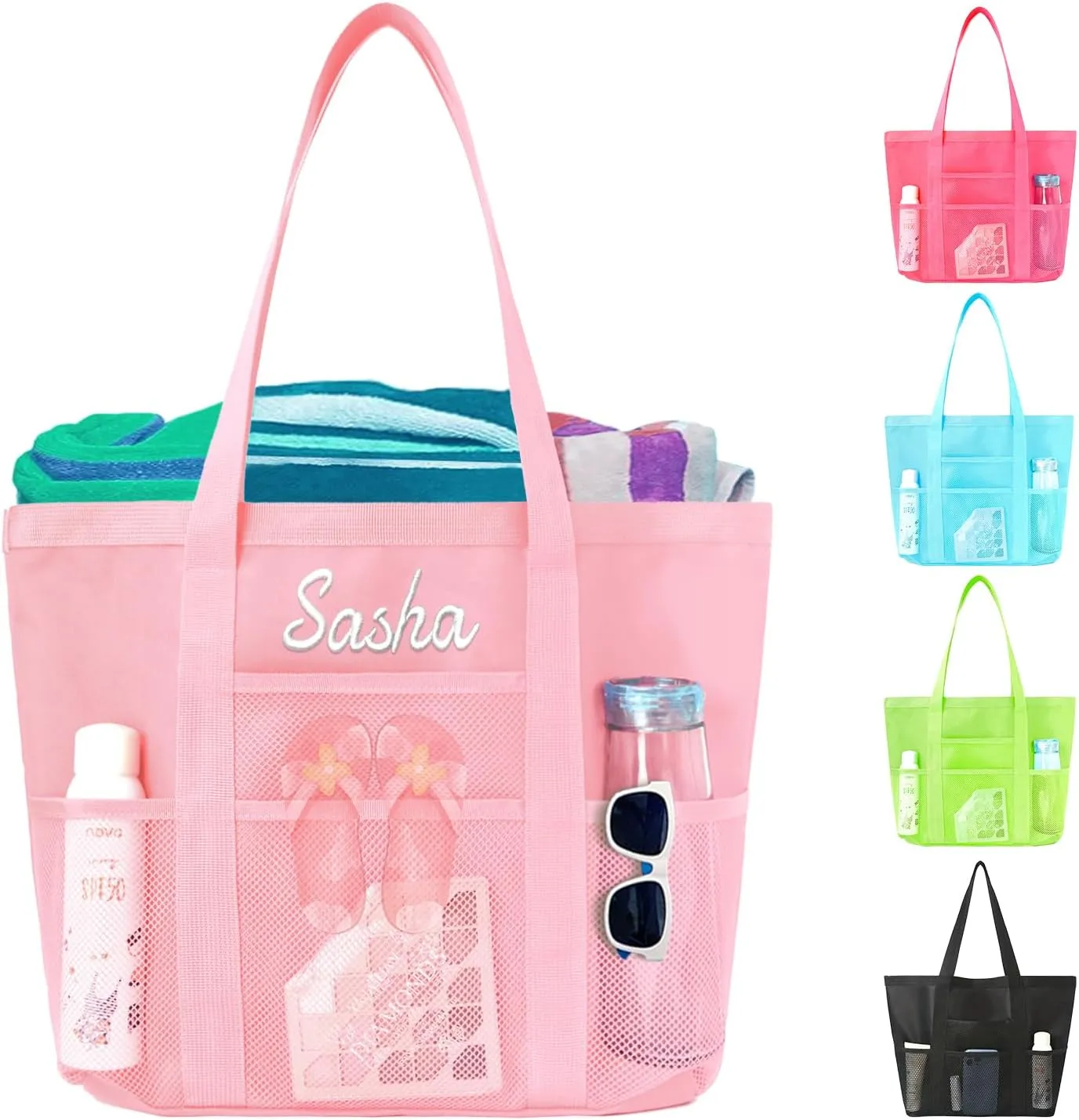 Ulico Personalized Beach Bag Embroidered Name,Custom Mesh Tote Bag for Women, Foldable Shoulder Bag for Swimming Pools Travel