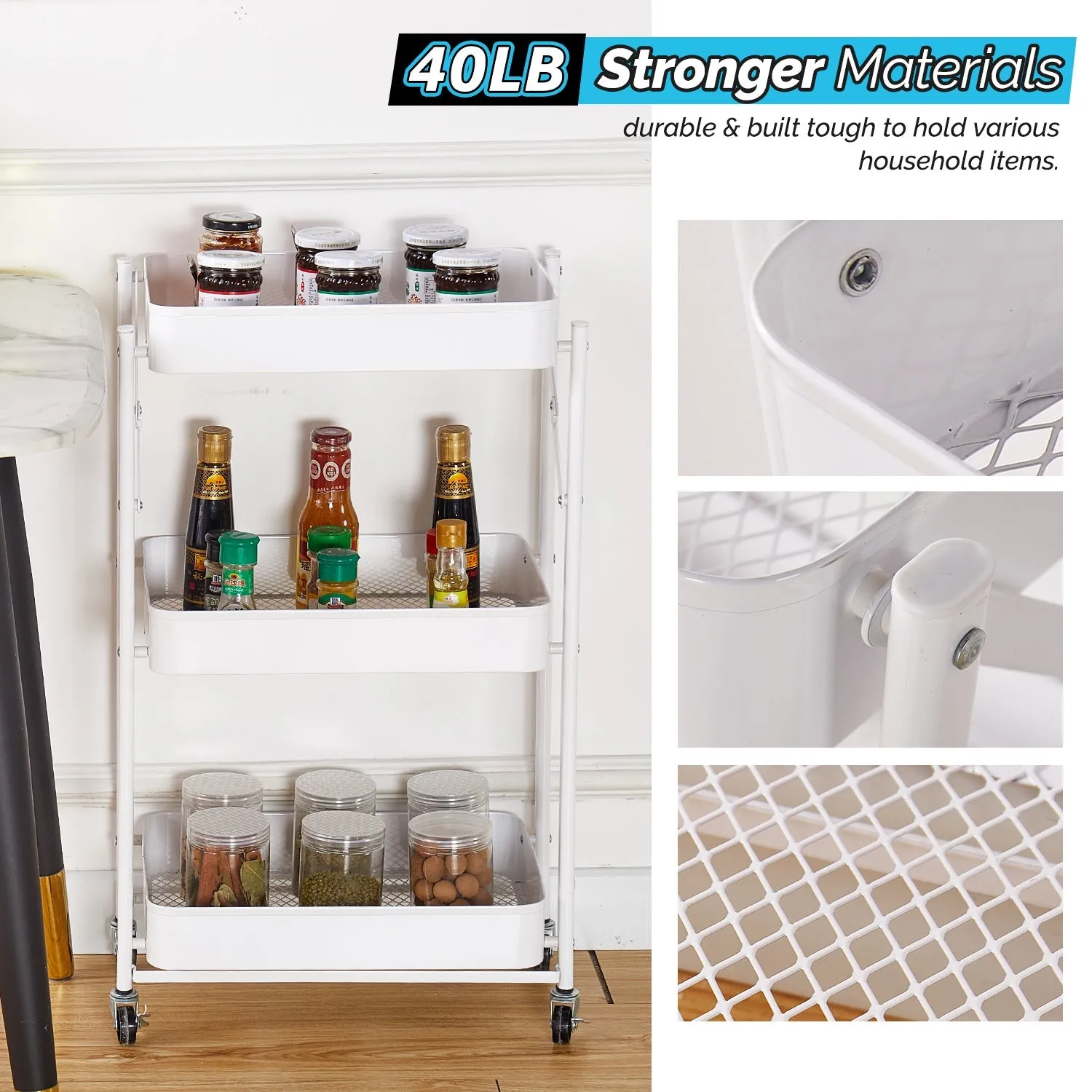 Utility Cart with Wheels, Foldable Storage Cart, 3 Tier Storage Cart with Handle, Free Installation Rolling Cart Metal Mobile Storage Organizer Cart with Wheels for Family, White