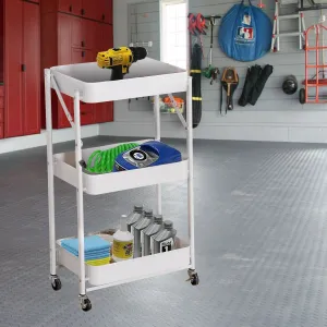 Utility Cart with Wheels, Foldable Storage Cart, 3 Tier Storage Cart with Handle, Free Installation Rolling Cart Metal Mobile Storage Organizer Cart with Wheels for Family, White