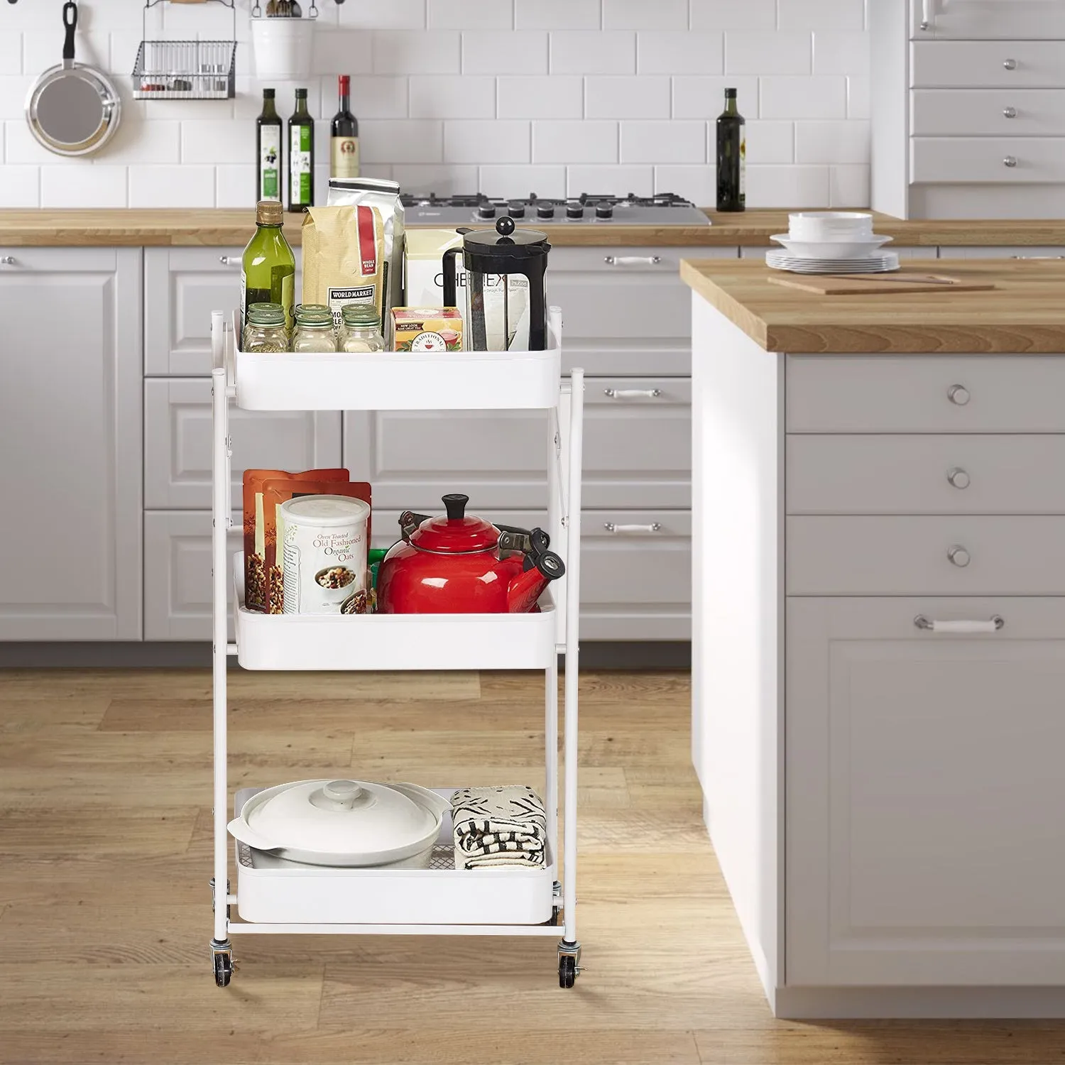 Utility Cart with Wheels, Foldable Storage Cart, 3 Tier Storage Cart with Handle, Free Installation Rolling Cart Metal Mobile Storage Organizer Cart with Wheels for Family, White