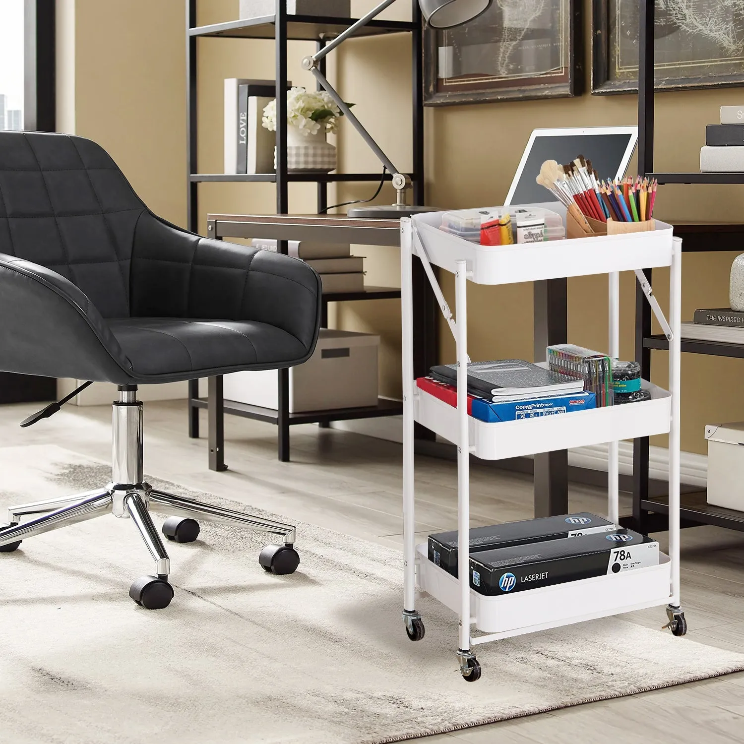 Utility Cart with Wheels, Foldable Storage Cart, 3 Tier Storage Cart with Handle, Free Installation Rolling Cart Metal Mobile Storage Organizer Cart with Wheels for Family, White