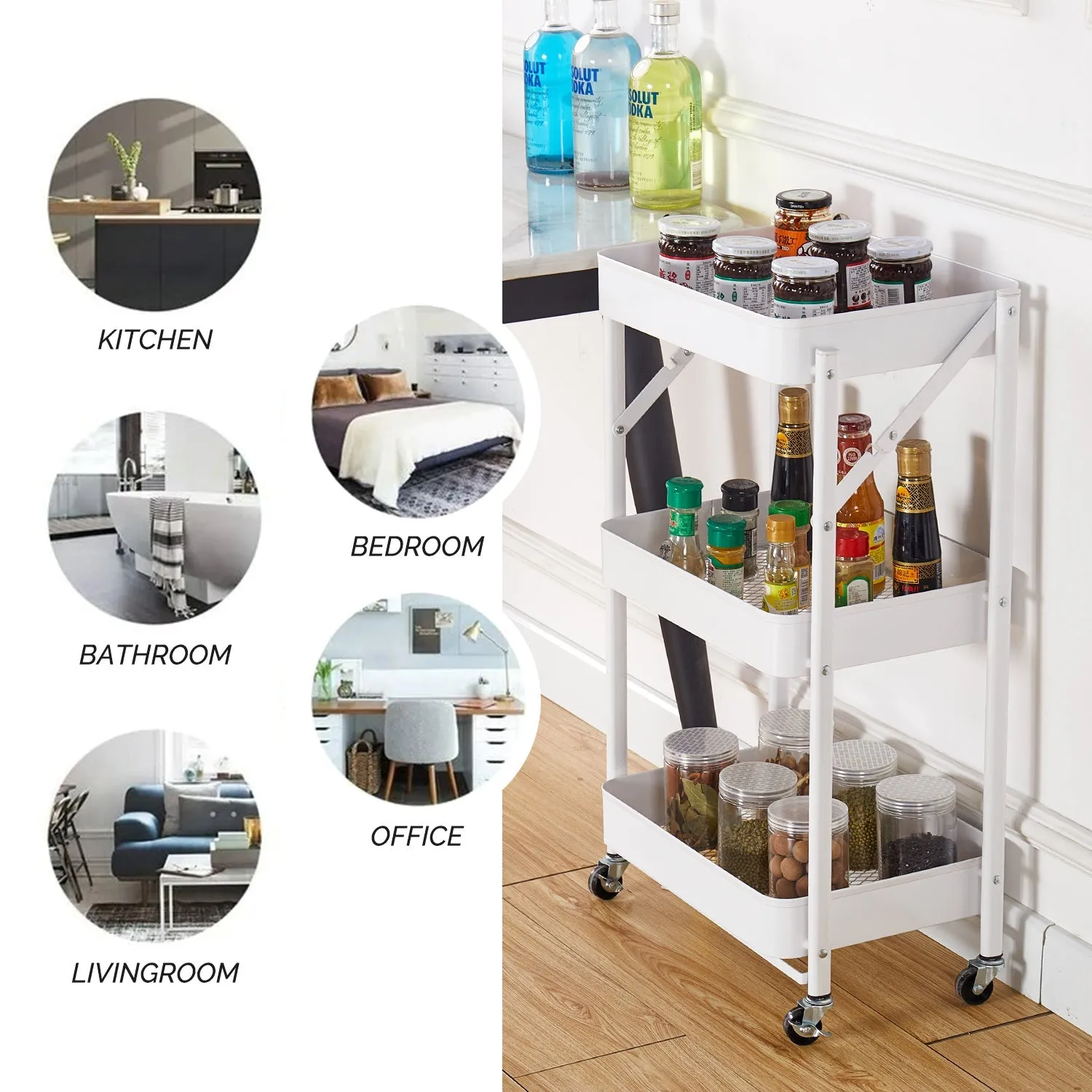 Utility Cart with Wheels, Foldable Storage Cart, 3 Tier Storage Cart with Handle, Free Installation Rolling Cart Metal Mobile Storage Organizer Cart with Wheels for Family, White