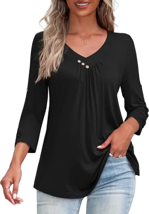 U.Vomade Women's 3/4 Sleeve Plus Size Tops Loose V Neck Blouses for Women L-4X