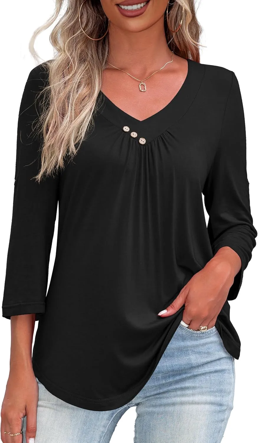 U.Vomade Women's 3/4 Sleeve Plus Size Tops Loose V Neck Blouses for Women L-4X