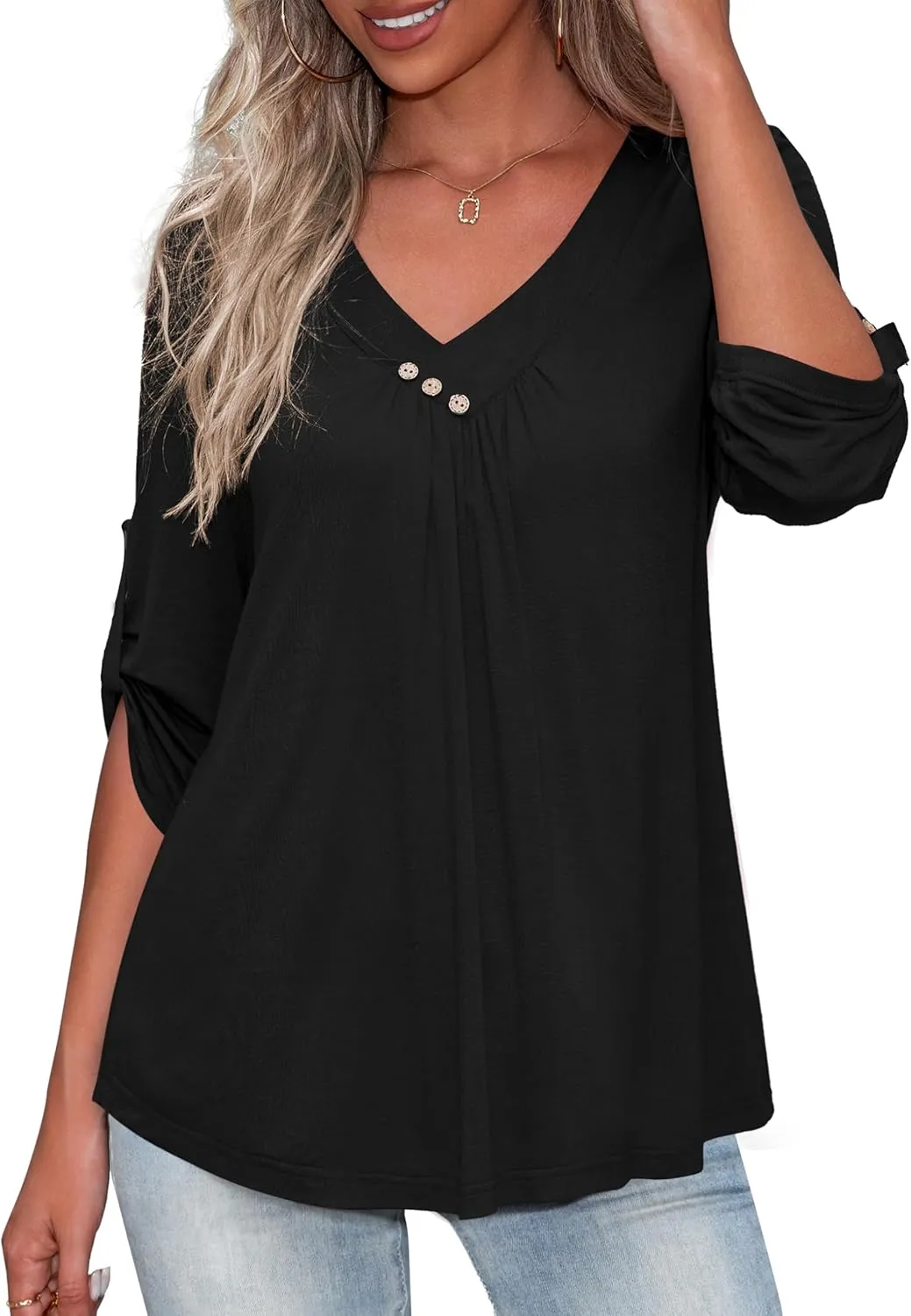 U.Vomade Women's 3/4 Sleeve Plus Size Tops Loose V Neck Blouses for Women L-4X