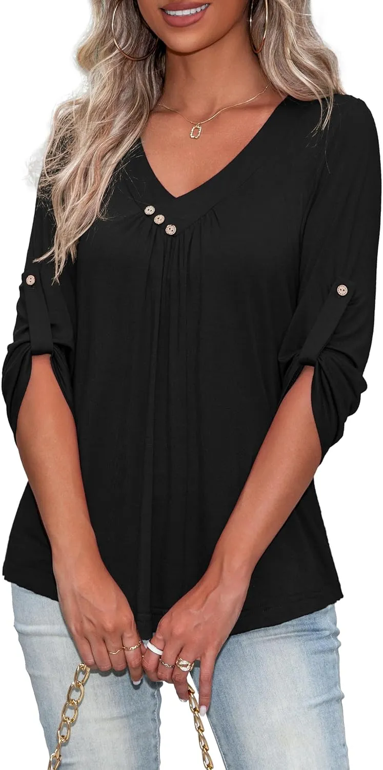 U.Vomade Women's 3/4 Sleeve Plus Size Tops Loose V Neck Blouses for Women L-4X