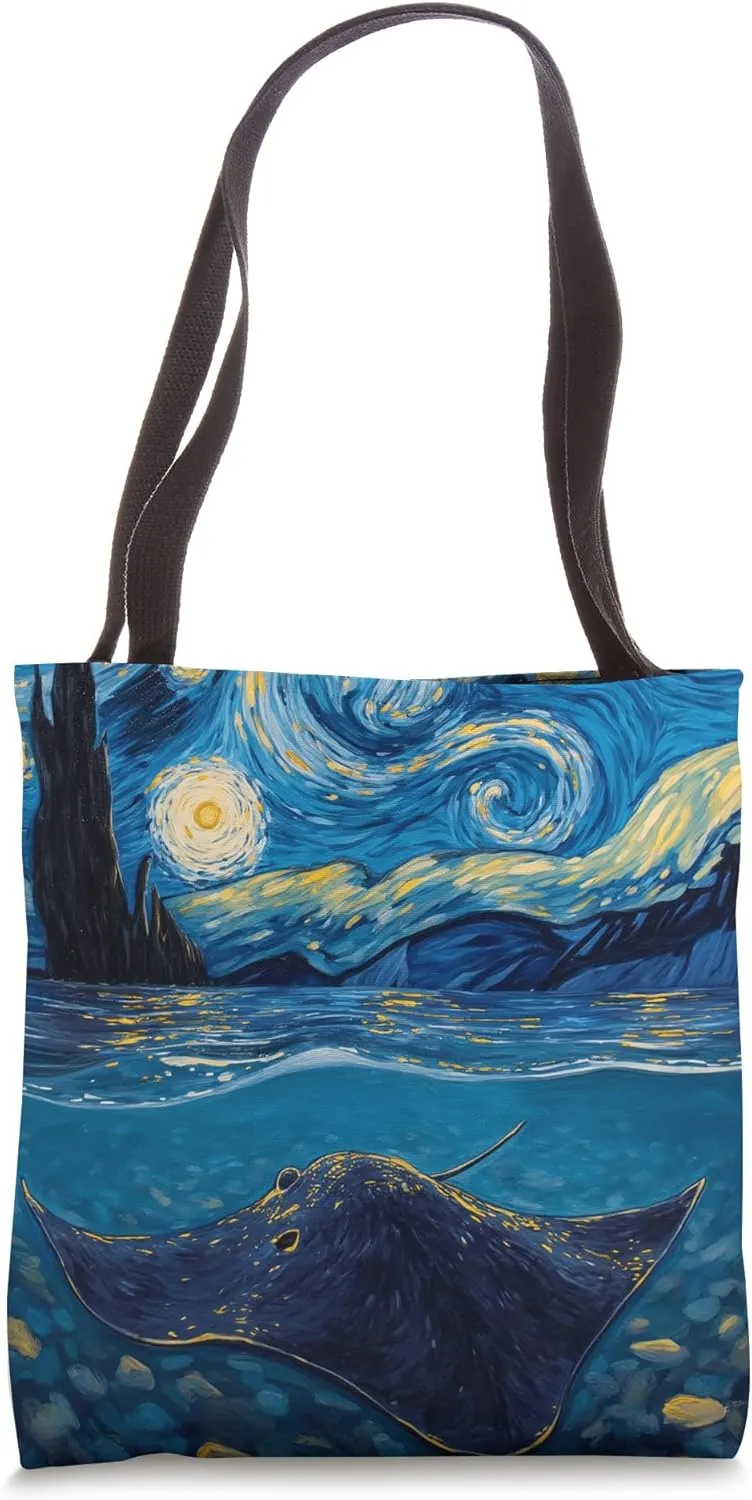 Van Gogh's Starry Night Stingray Flat Swimmer Animal Lovers Tote Bag