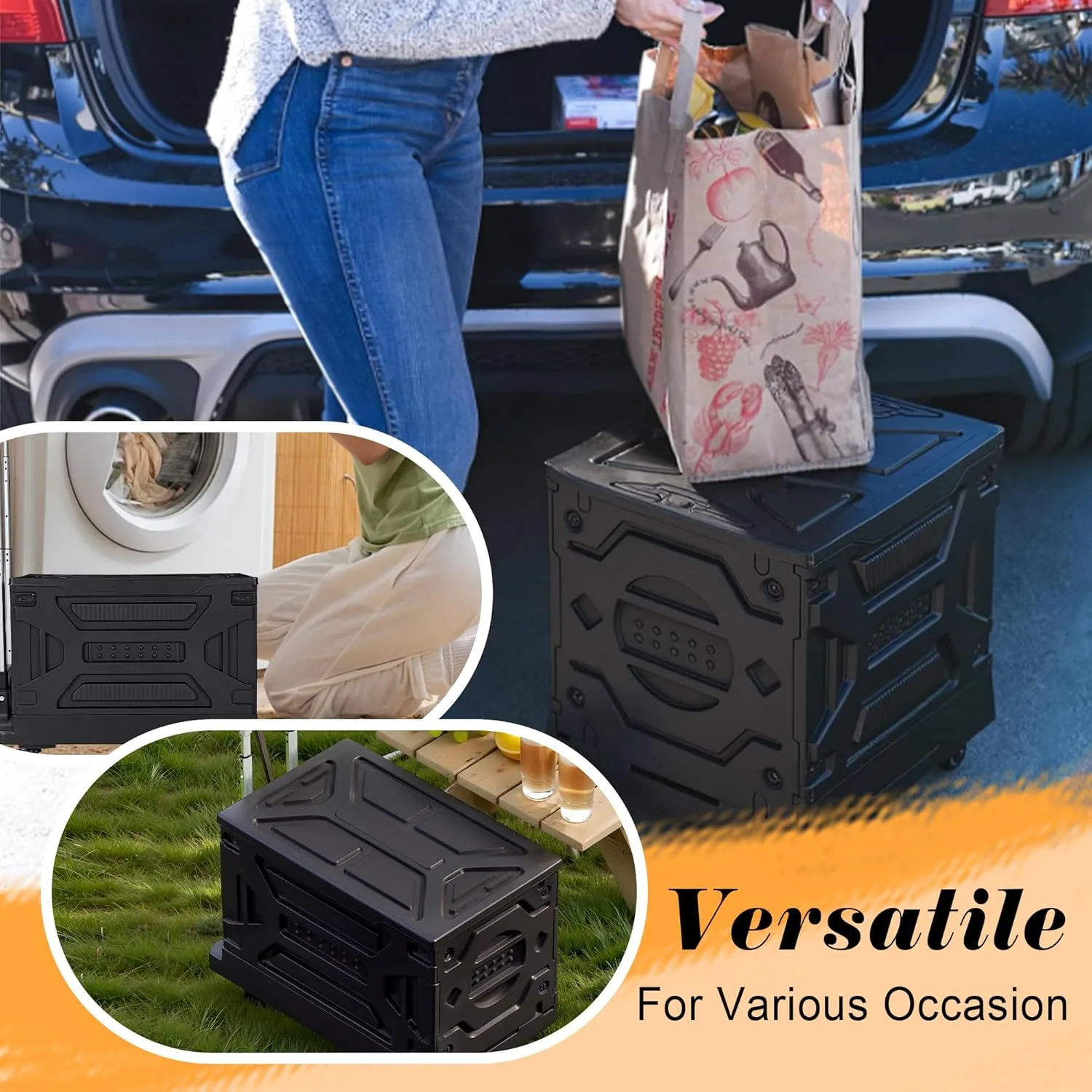 VECELO Foldable Shopping Cart with Wheels, Collapsible Rolling Crate for Groceries, Folding Storage Box with Handle, Three Modes of Use, Ideal for Teacher, Trip, Outdoors, Etc., 23GAL, White