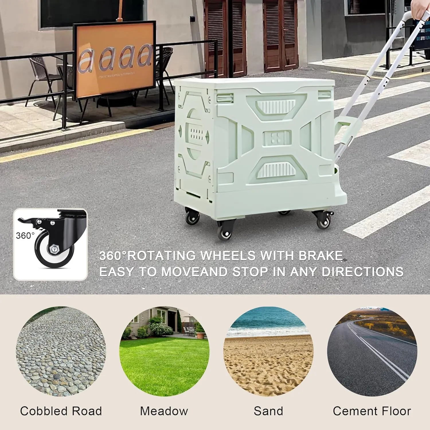 VECELO Foldable Shopping Cart with Wheels, Collapsible Rolling Crate for Groceries, Folding Storage Box with Handle, Three Modes of Use, Ideal for Teacher, Trip, Outdoors, Etc., 23GAL, White