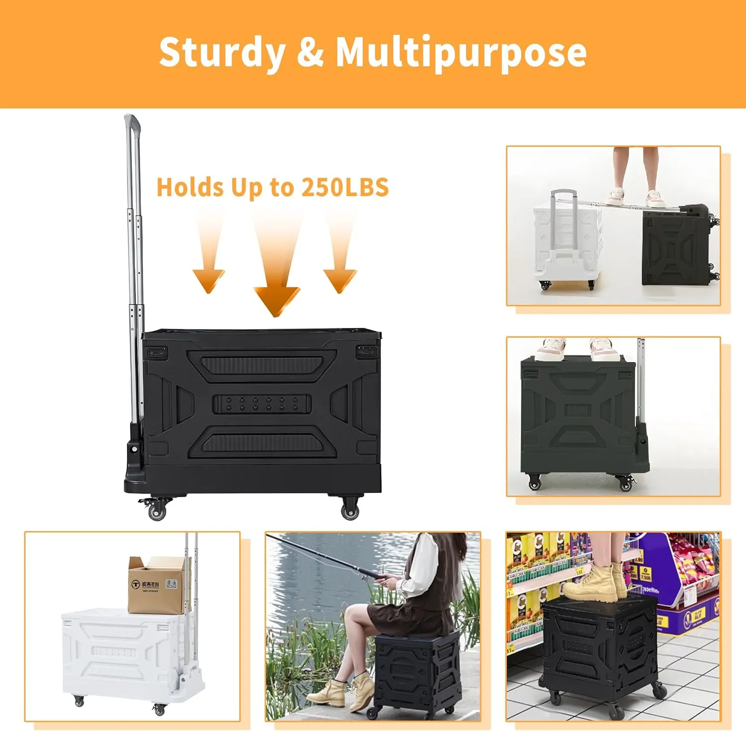 VECELO Foldable Shopping Cart with Wheels, Collapsible Rolling Crate for Groceries, Folding Storage Box with Handle, Three Modes of Use, Ideal for Teacher, Trip, Outdoors, Etc., 23GAL, White