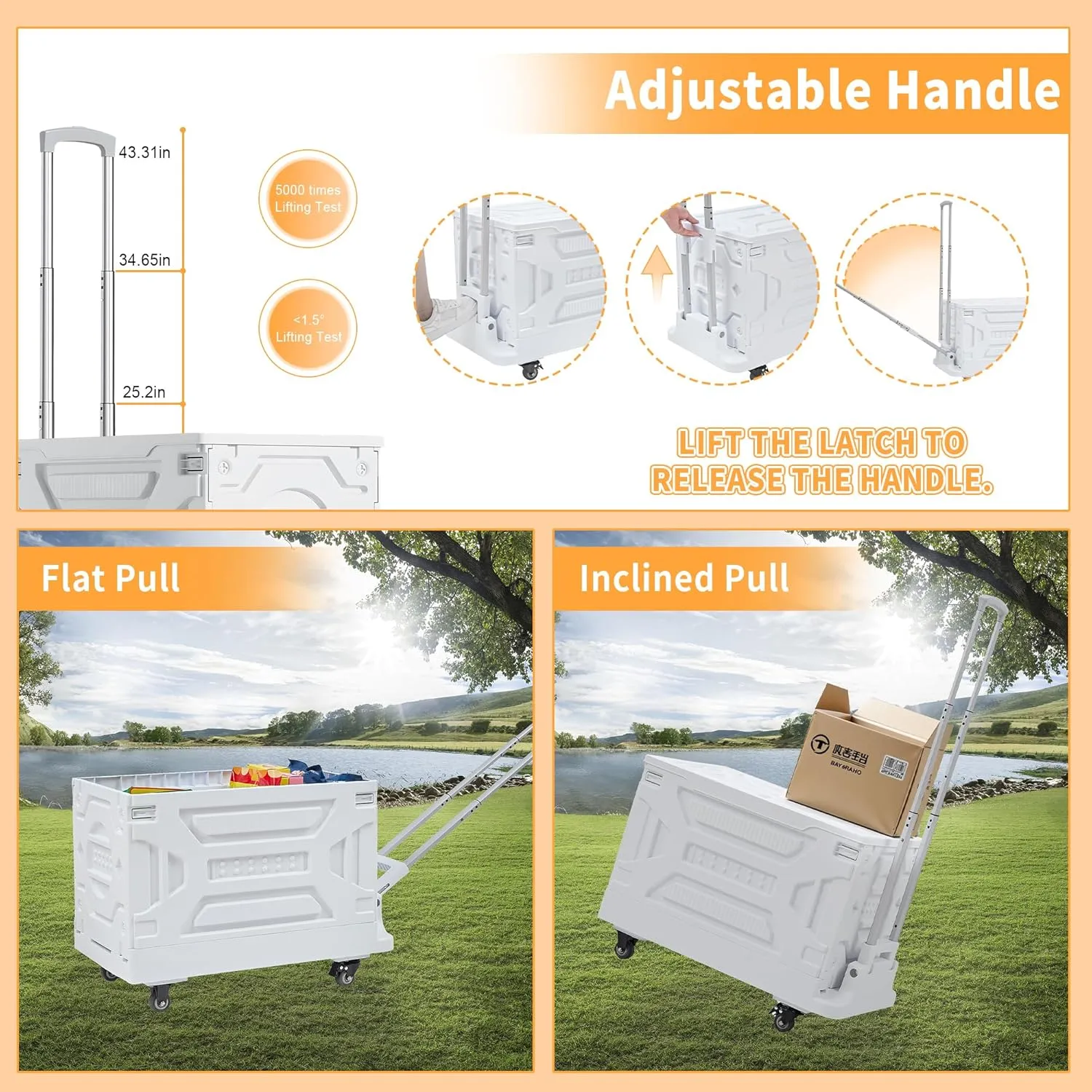 VECELO Foldable Shopping Cart with Wheels, Collapsible Rolling Crate for Groceries, Folding Storage Box with Handle, Three Modes of Use, Ideal for Teacher, Trip, Outdoors, Etc., 23GAL, White