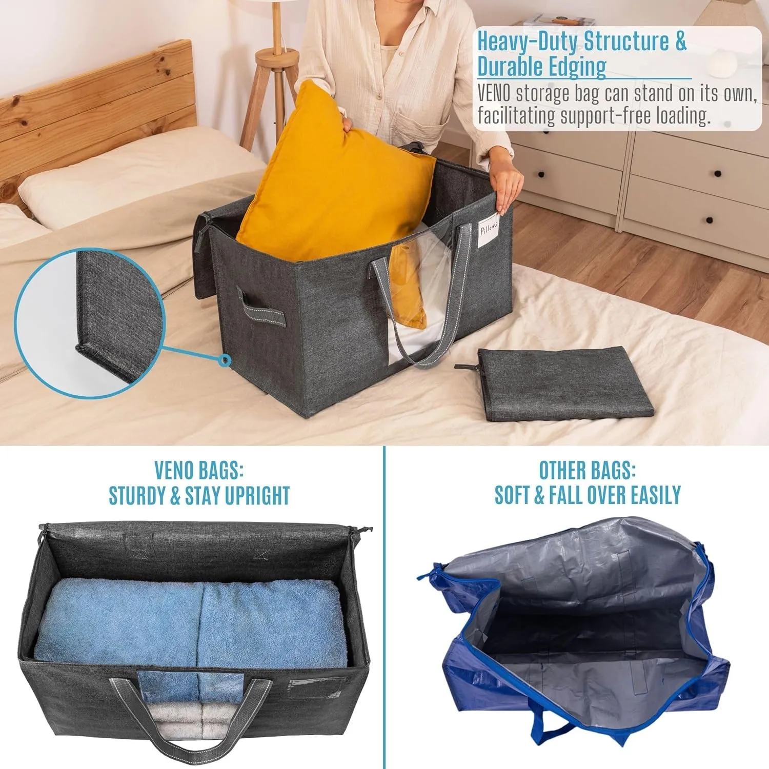 VENO 4 Pack Moving Bags, Comforter and Blanket Storage Bags for Closet, Moving Boxes, Boxes with Lids Alternative, College Dorm Packing Supplies, Foldable Heavy-Duty Tote with Window (Gray, 4 Pack)
