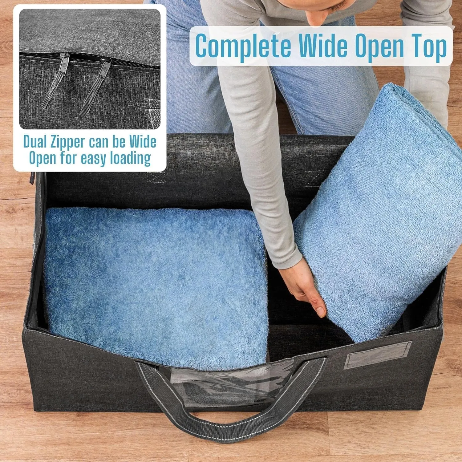 VENO 4 Pack Moving Bags, Comforter and Blanket Storage Bags for Closet, Moving Boxes, Boxes with Lids Alternative, College Dorm Packing Supplies, Foldable Heavy-Duty Tote with Window (Gray, 4 Pack)