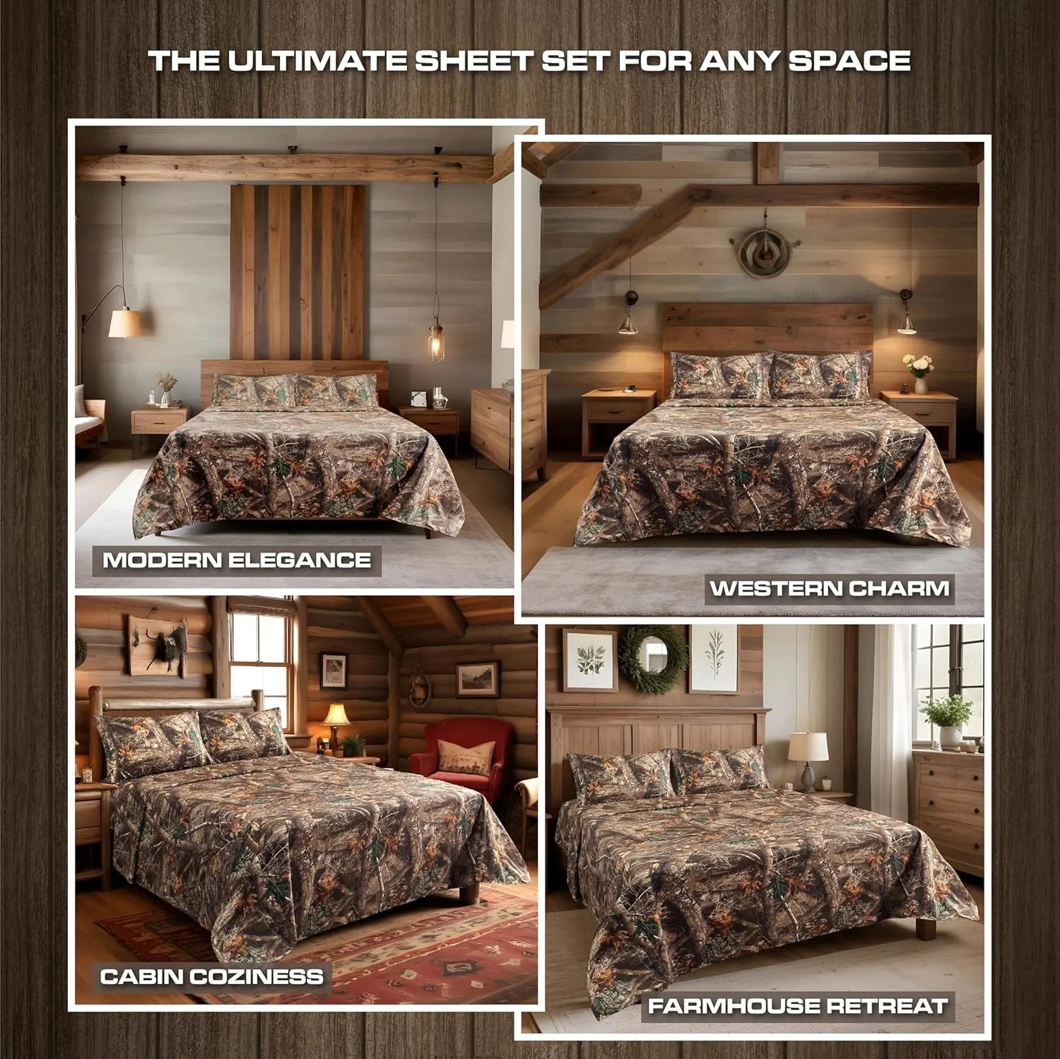 VISI-ONE Realtree Edge Queen Camo 4 Piece Sheet Set – Lightweight, Cooling, Wrinkle-Free Microfiber 15" Deep Pockets Sheets, Unisex Rustic Western Farmhouse Style Made to Complement All Living Spaces