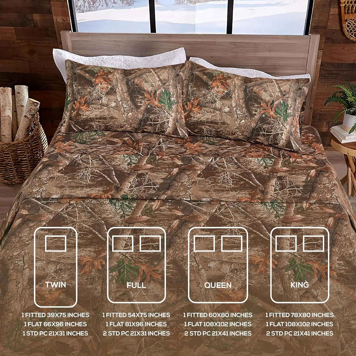 VISI-ONE Realtree Edge Queen Camo 4 Piece Sheet Set – Lightweight, Cooling, Wrinkle-Free Microfiber 15" Deep Pockets Sheets, Unisex Rustic Western Farmhouse Style Made to Complement All Living Spaces