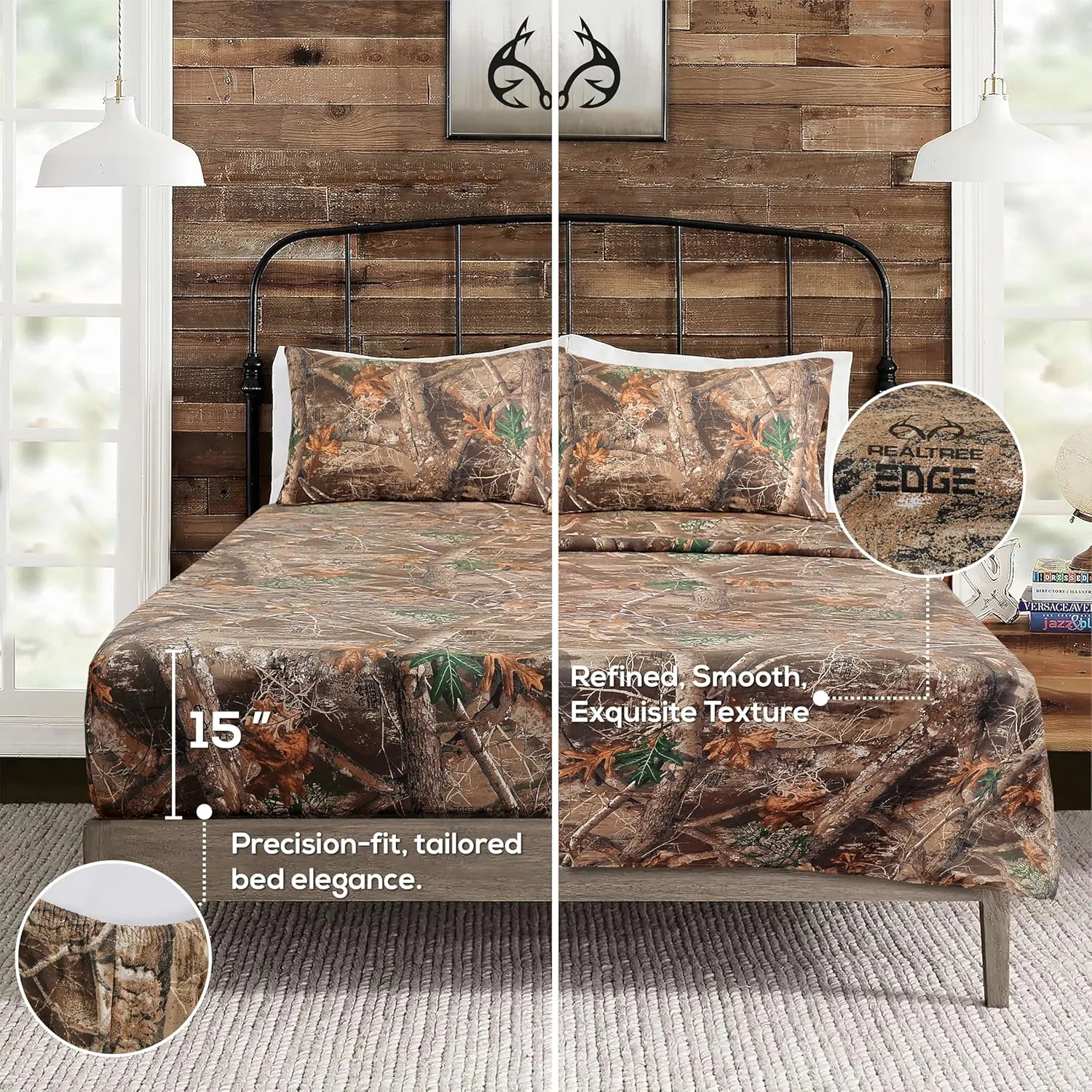 VISI-ONE Realtree Edge Queen Camo 4 Piece Sheet Set – Lightweight, Cooling, Wrinkle-Free Microfiber 15" Deep Pockets Sheets, Unisex Rustic Western Farmhouse Style Made to Complement All Living Spaces