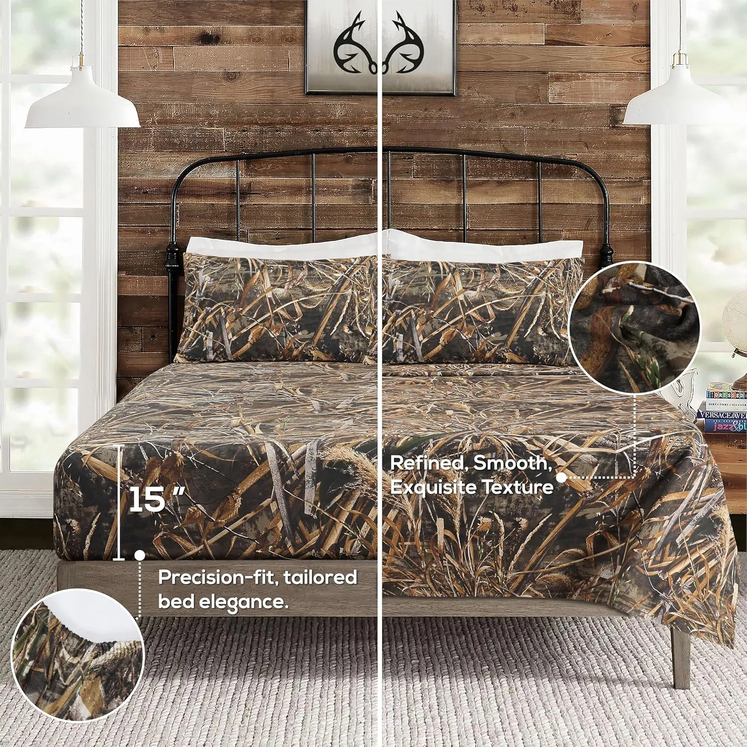 VISI-ONE RealTree Max-5 Queen Camo 4 Piece Sheet Set – Lightweight, Cooling, Wrinkle-Free Microfiber 15" Deep Pockets Sheets, Unisex Rustic Western Farmhouse Style Made to Complement all Living Spaces