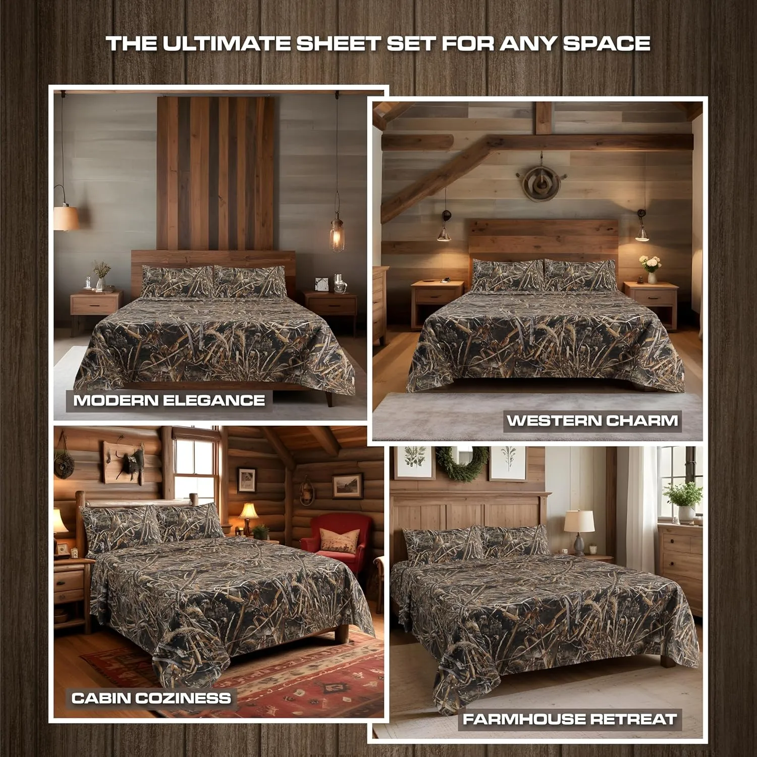 VISI-ONE RealTree Max-5 Queen Camo 4 Piece Sheet Set – Lightweight, Cooling, Wrinkle-Free Microfiber 15" Deep Pockets Sheets, Unisex Rustic Western Farmhouse Style Made to Complement all Living Spaces