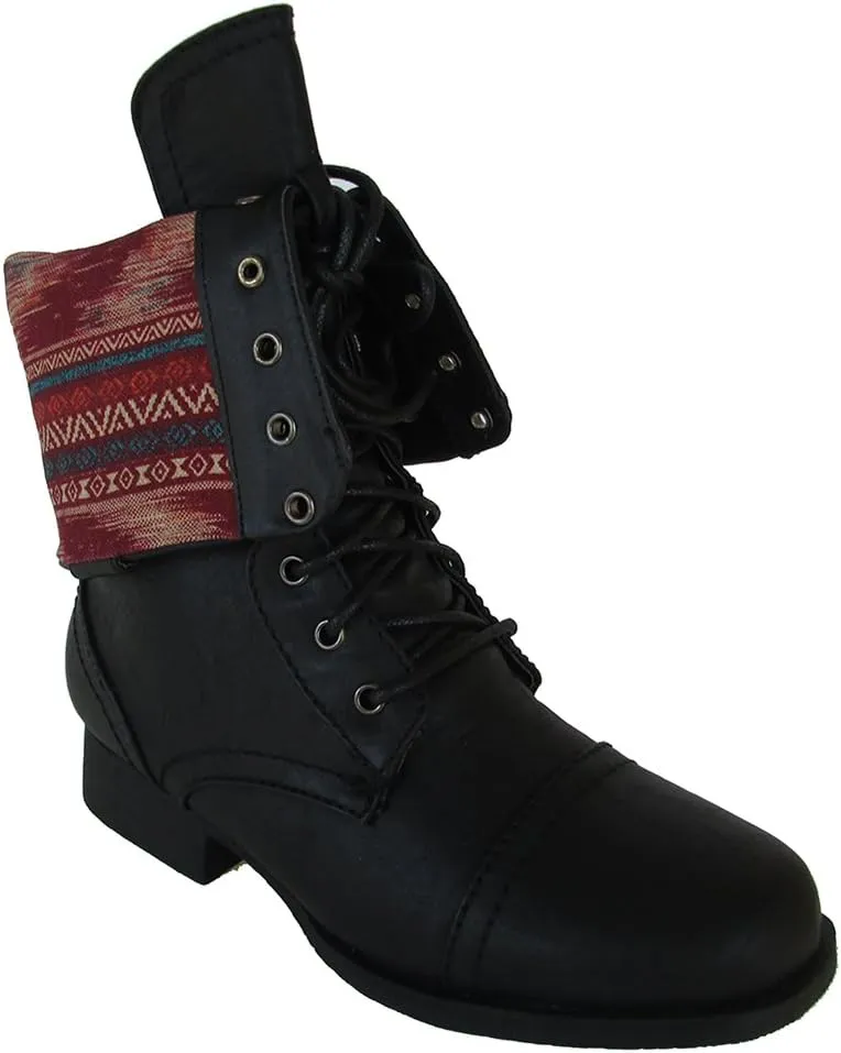 Wild Diva Women Jetta-25F Lace Up Combat Military Boots with Foldable Cuff
