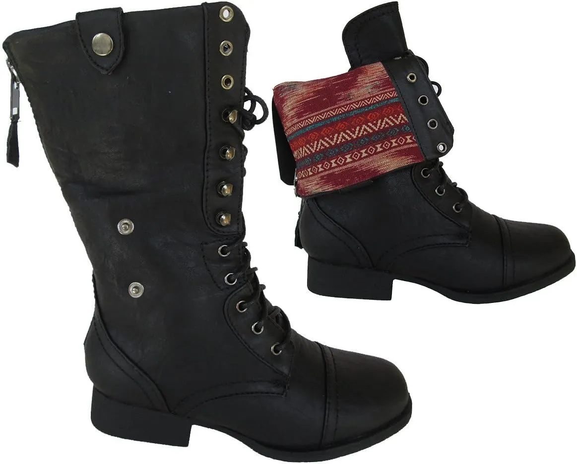 Wild Diva Women Jetta-25F Lace Up Combat Military Boots with Foldable Cuff