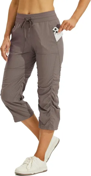 Willit Women's Quick-Dry Capris Hiking Travel Pants Striped Woven Workout Pants with Pockets Lightweight