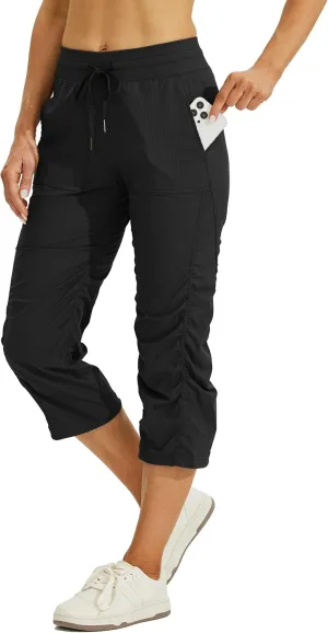 Willit Women's Quick-Dry Capris Hiking Travel Pants Striped Woven Workout Pants with Pockets Lightweight
