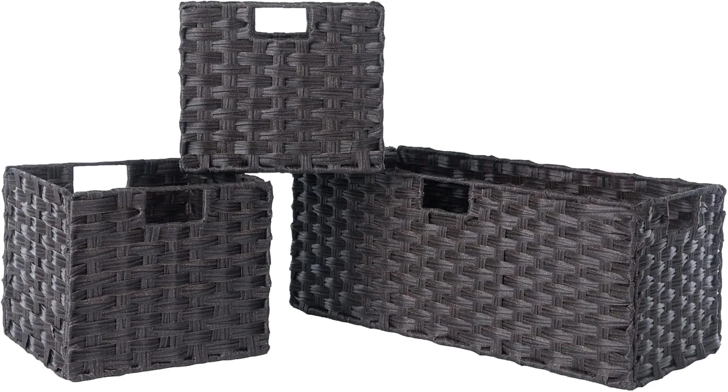 Winsome Leo 2-Tier Wide Storage Shelf with 3 Foldable Woven Baskets, for Living Room, Home Office, Bedroom, Espresso