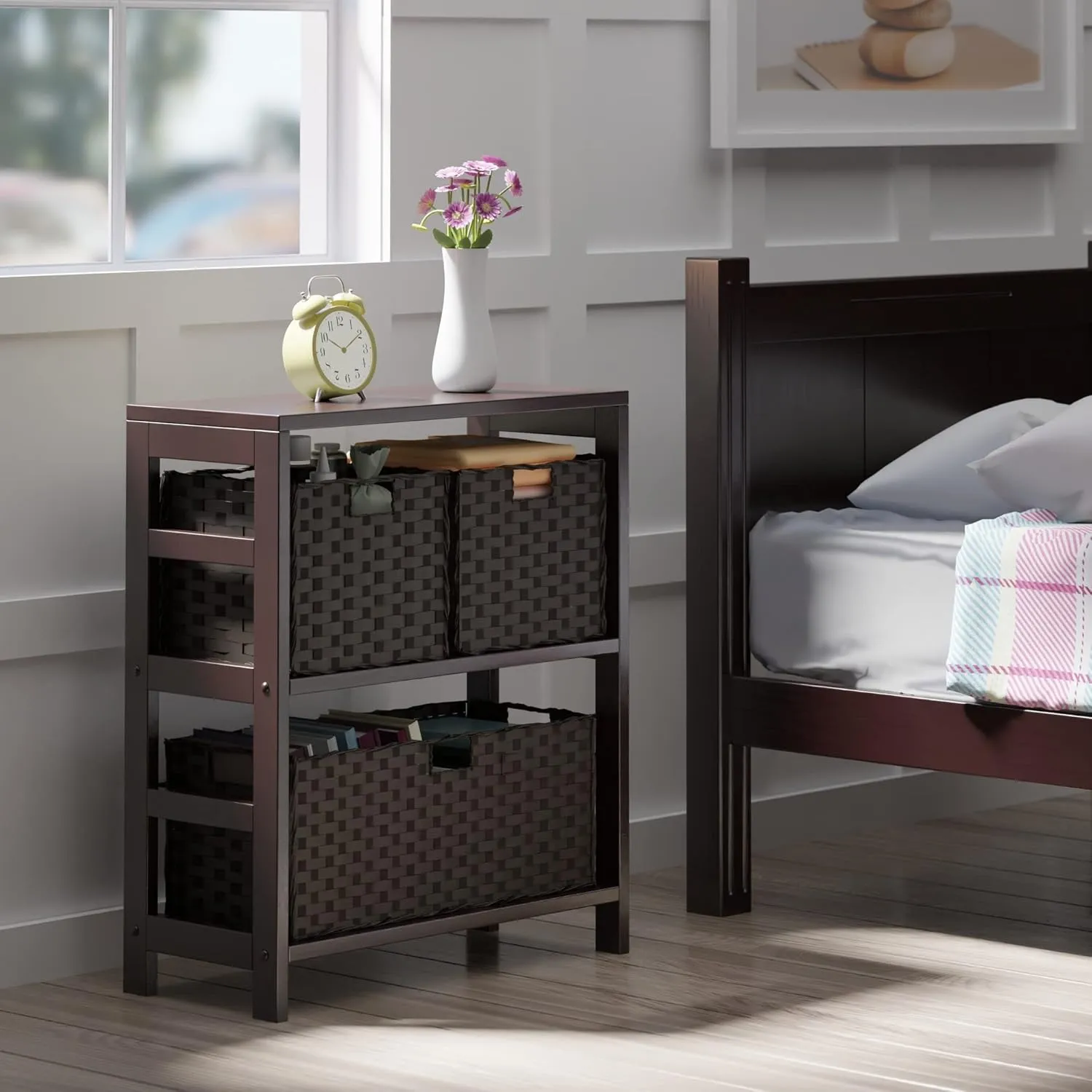 Winsome Leo 2-Tier Wide Storage Shelf with 3 Foldable Woven Baskets, for Living Room, Home Office, Bedroom, Espresso