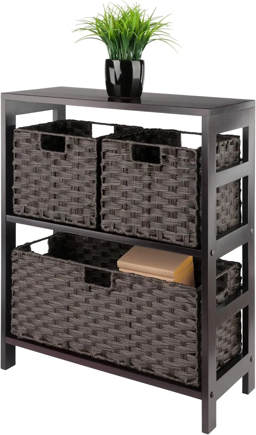 Winsome Leo 2-Tier Wide Storage Shelf with 3 Foldable Woven Baskets, for Living Room, Home Office, Bedroom, Espresso